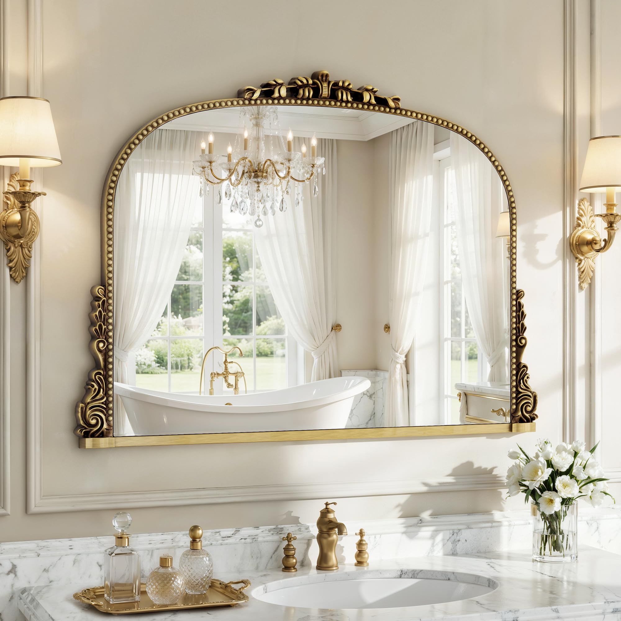 Vintage Gold Baroque Ornate Wall Mirror, Arched Resin Frame HD Tempered Glass Decor Mirror