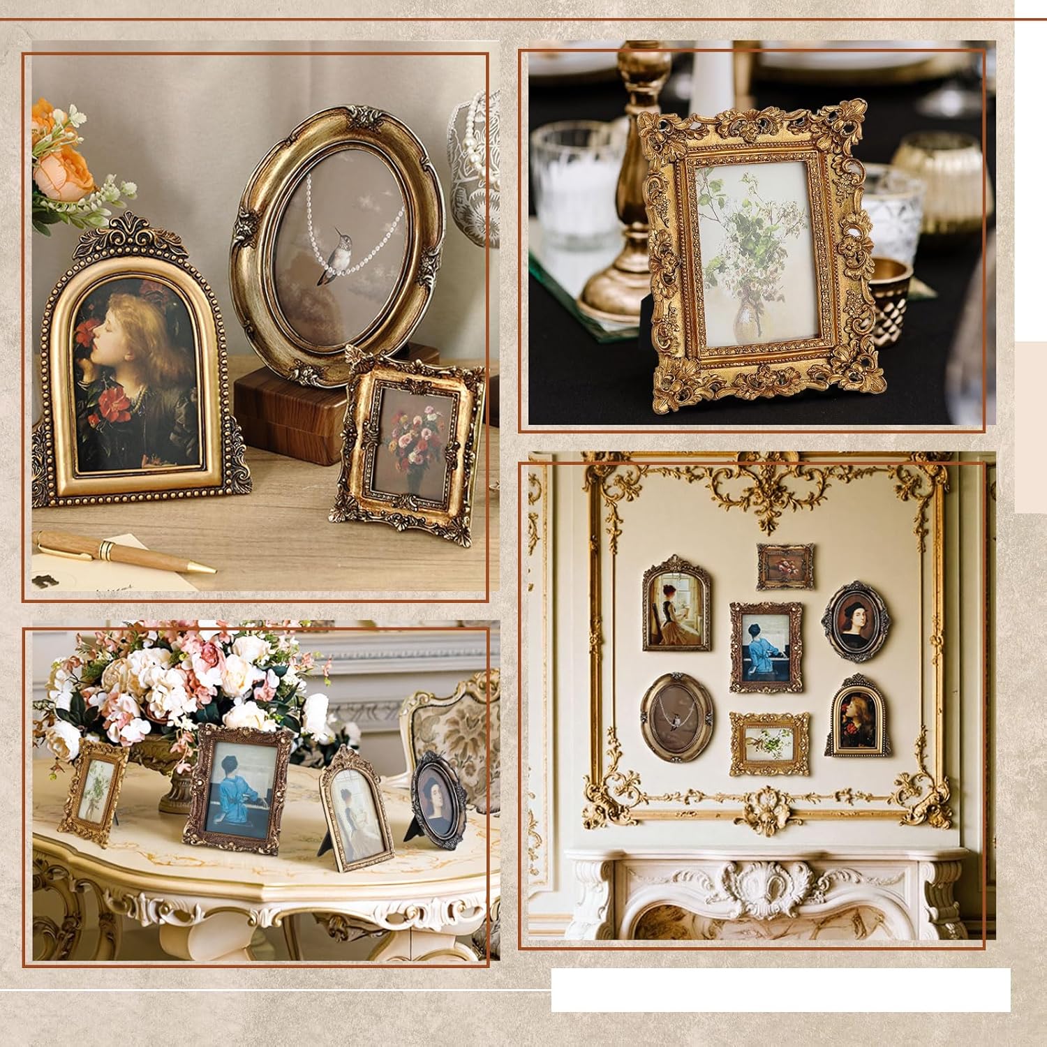 Wonderjune 7 Pcs Vintage Picture Frames Set with Glass Front Antique Gold Gallery Wall Frame for 4x6, 5x7 Baroque for Home Decor Photography Props Gifts, Wall or Tabletop(Rococo)