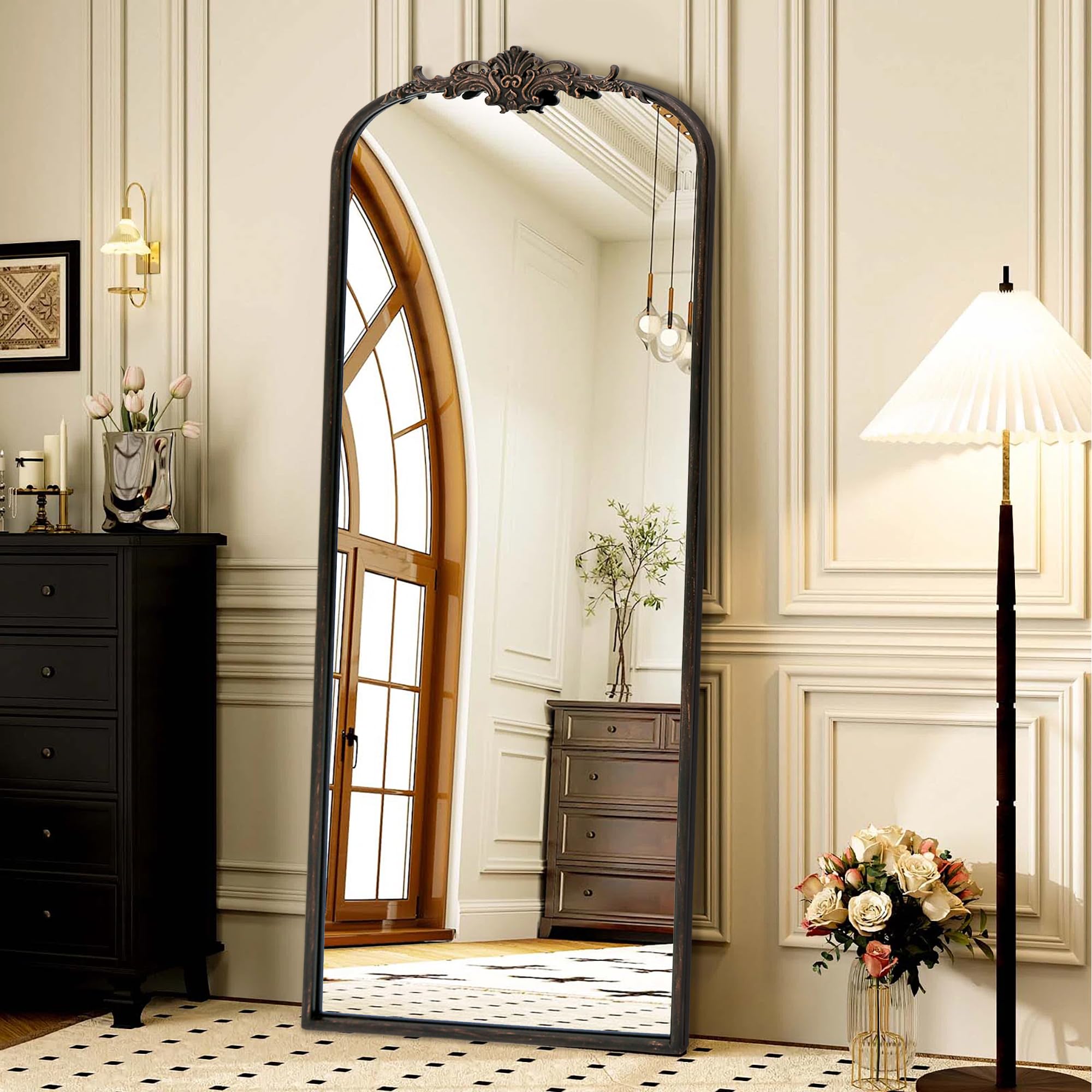 Besdomus Vintage Arched Gold Mirror: 40"x29" French Large Brass Antique Wall Vanity Mirror - Decorative Baroque Traditional Ornate for Entryway/Fireplace/Bathroom/Bedroom - Ideal for Home Renovations