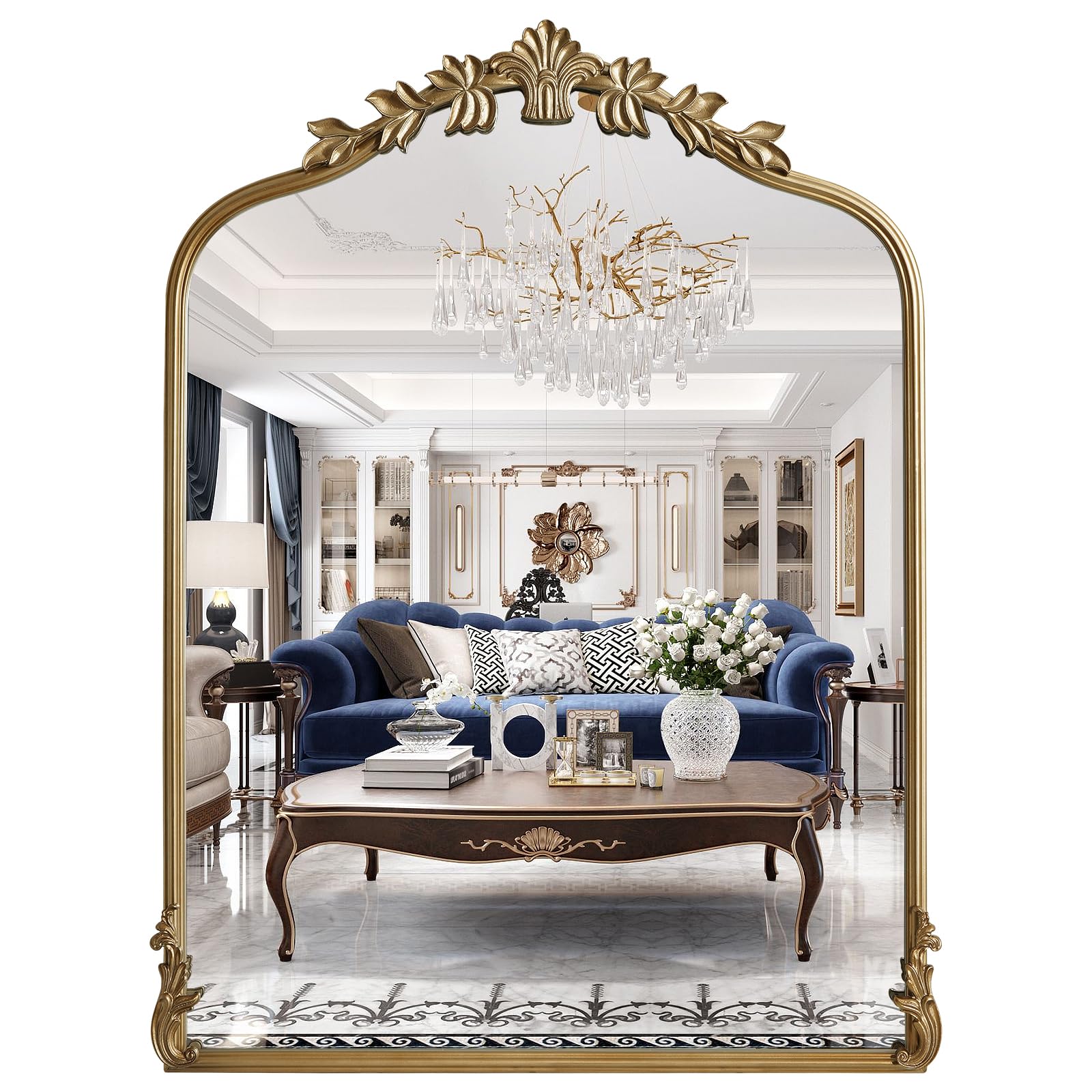 WallBeyond Gold Vintage Mirror for Vanity 22x30 Inch, Gold Antique Mirror with Ornate Frame, Arched Vintage Wall for Bathroom, Living Room, Fireplace, Entryway