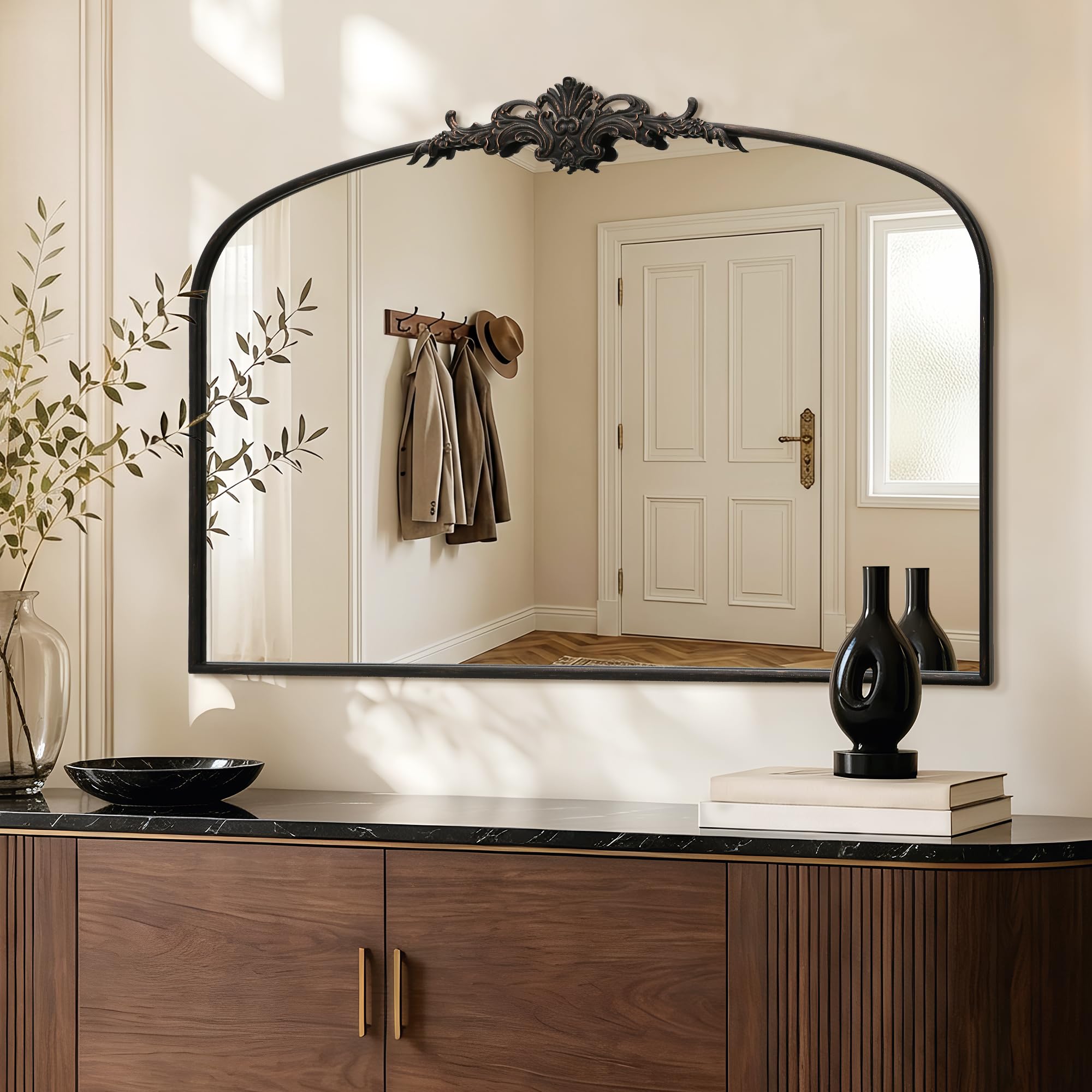Besdomus Vintage Arched Gold Mirror: 40"x29" French Large Brass Antique Wall Vanity Mirror - Decorative Baroque Traditional Ornate for Entryway/Fireplace/Bathroom/Bedroom - Ideal for Home Renovations