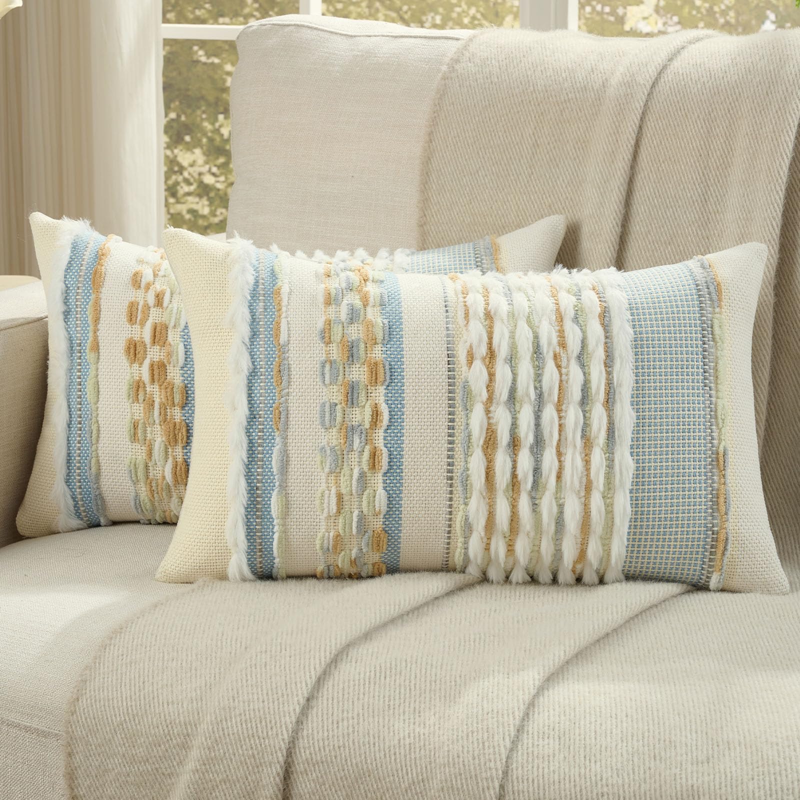 FUTEI Pack of 2 Boho Chenille Decorative Throw Pillow Covers 18x18 Inch Soft Plush Tufted Striped Textured Cushion Case,Farmhouse Accent for Couch Bed Living Room, Grey