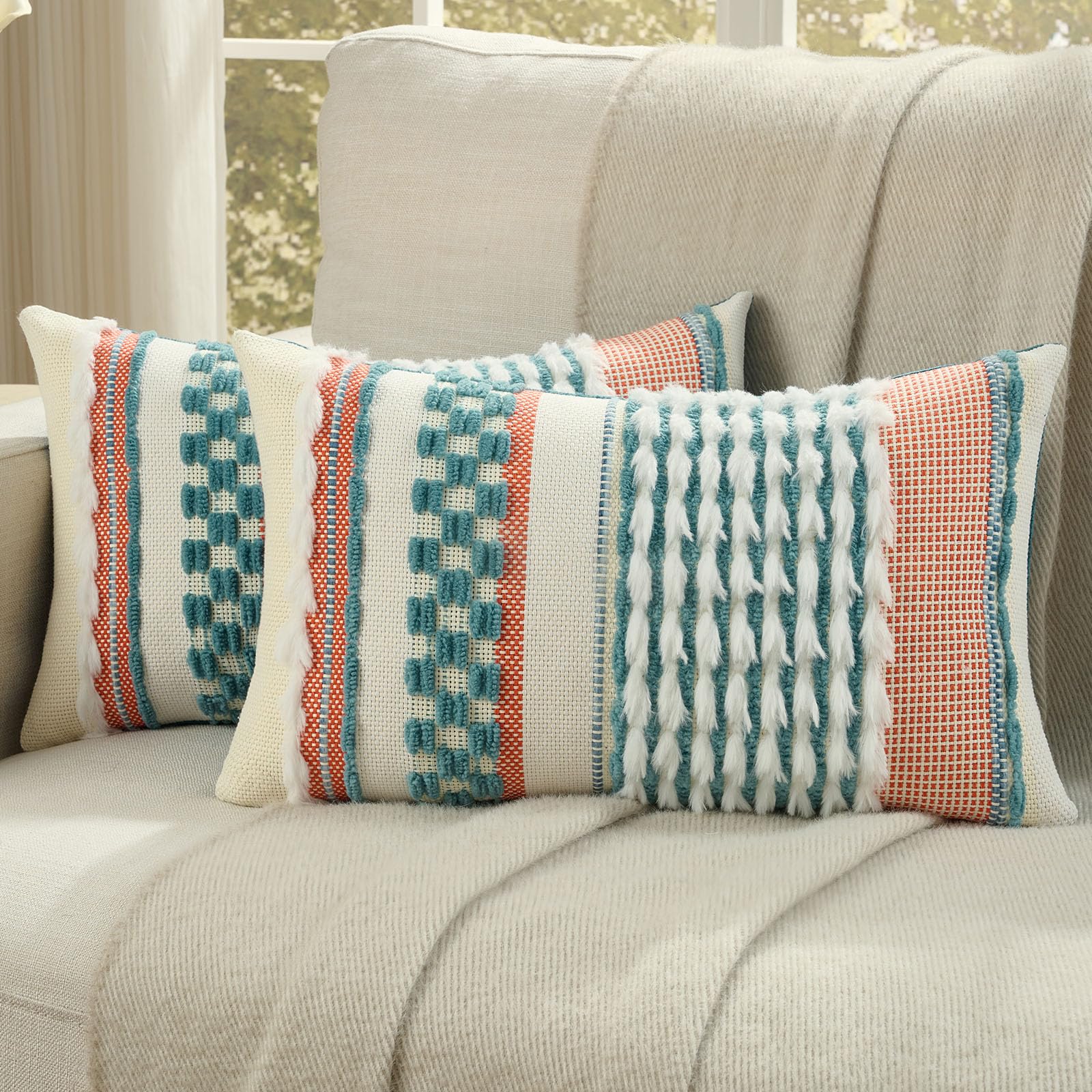 FUTEI Pack of 2 Boho Chenille Decorative Throw Pillow Covers 18x18 Inch Soft Plush Tufted Striped Textured Cushion Case,Farmhouse Accent for Couch Bed Living Room, Grey