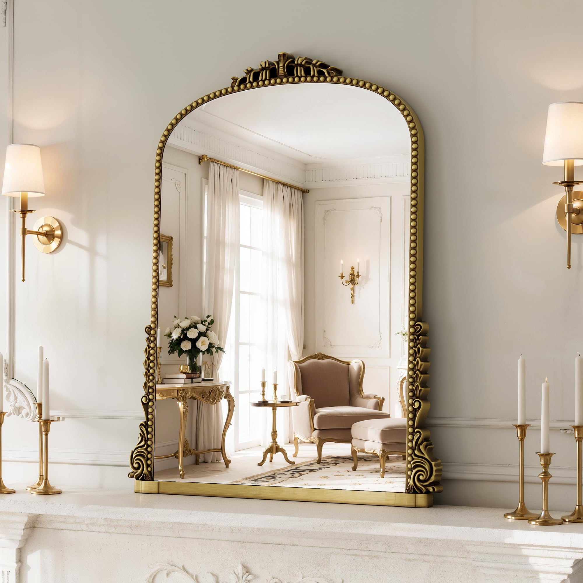 Vintage Gold Baroque Ornate Wall Mirror, Arched Resin Frame HD Tempered Glass Decor Mirror