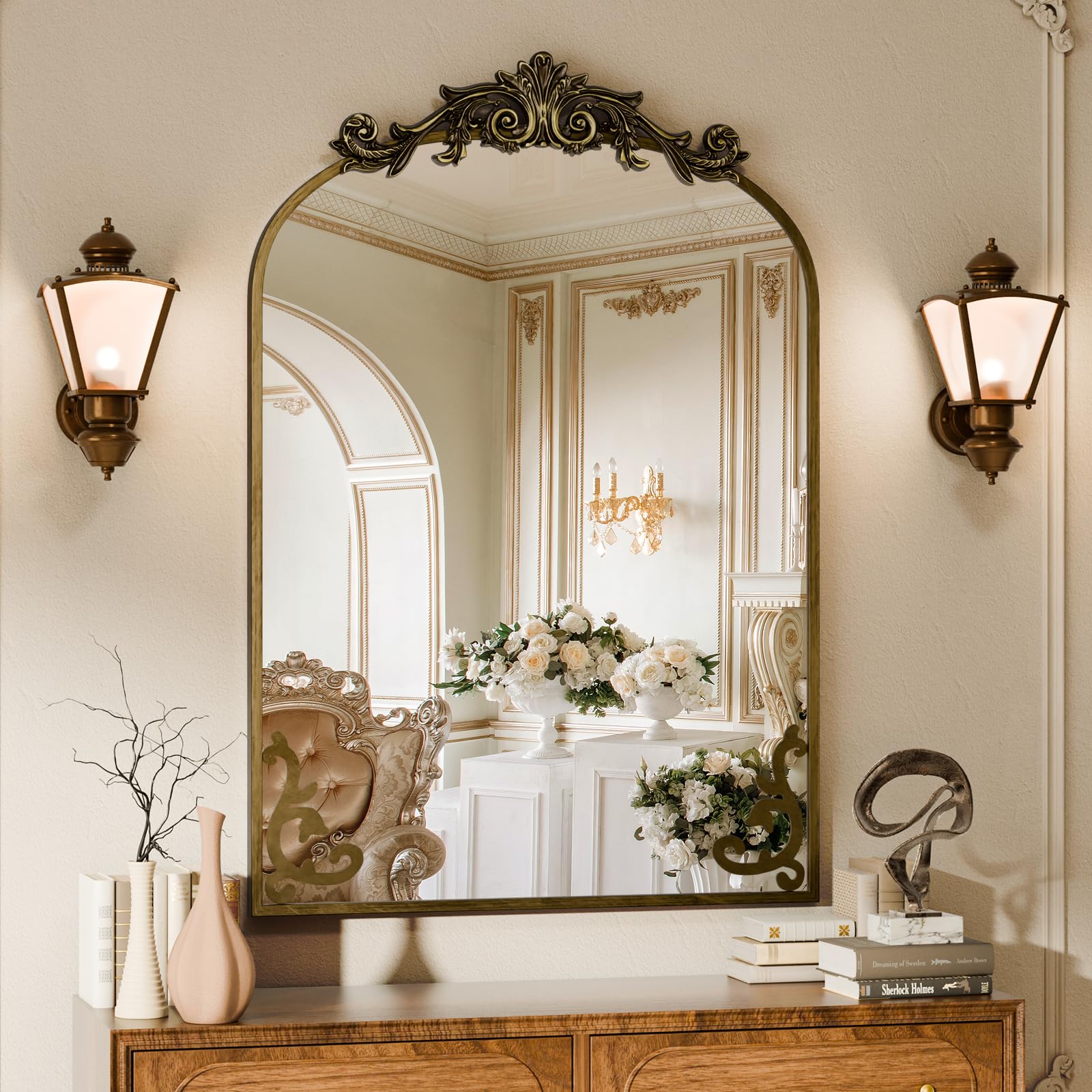 Koonmi Vintage Mirror, 24x36 Antique Barolon Mirror for Wall, Bronze Frame with Ornate Patterns, Flower Head, Shatter-Proof Tempered Glass Arched Decorative Mirrors for Bathroom