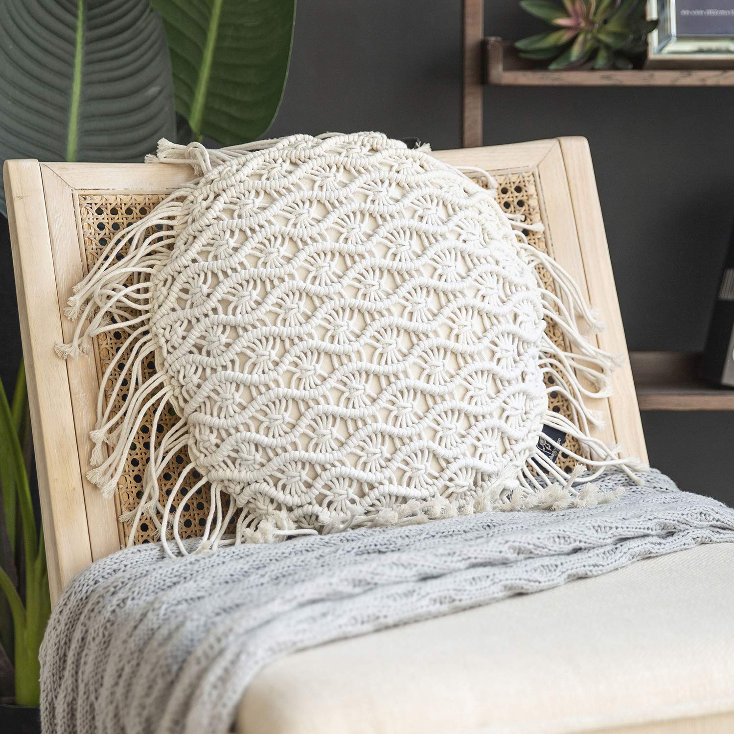 Phantoscope 100% Cotton Handmade Symmetry 3D Crochet Woven Boho Throw Pillow Farmhouse Pillow Insert Included Decorative Cushion for Couch Sofa Grey 18 x 18 inches 45 x 45 cm