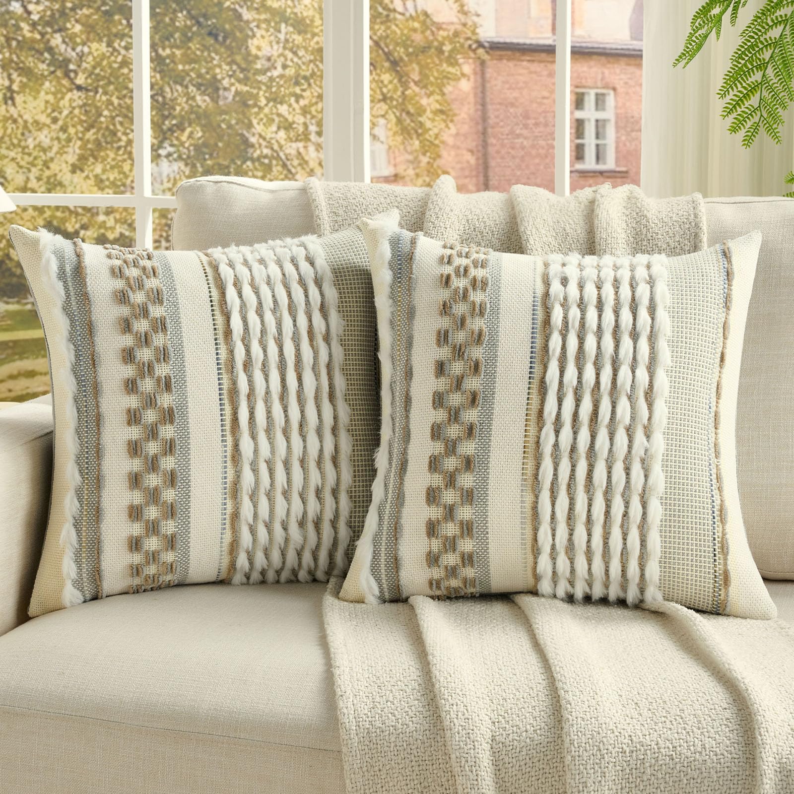 FUTEI Pack of 2 Boho Chenille Decorative Throw Pillow Covers 18x18 Inch Soft Plush Tufted Striped Textured Cushion Case,Farmhouse Accent for Couch Bed Living Room, Grey