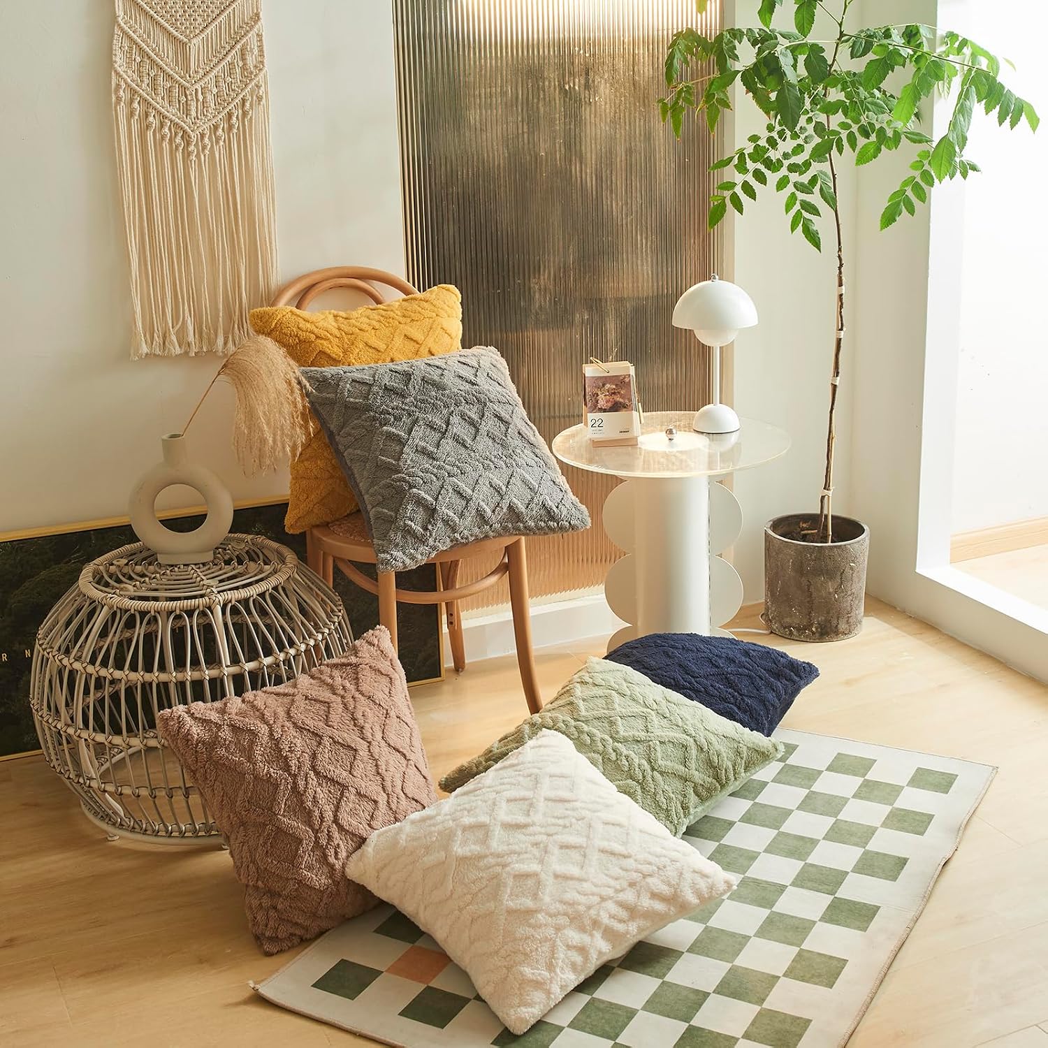 Jacquard Fuzzy Fleece Decorative Throw Pillow Covers 20x20 Inch Farmhouse Boho Cable Knit Plush Cushion Cover Soft Accent Pillowcase for Couch Sofa Bed Living Room (Cream,20"x20")