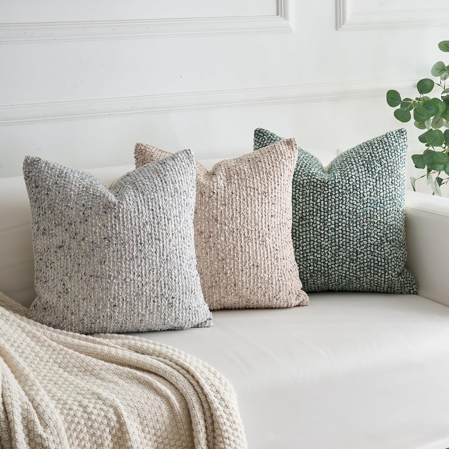 LIGICKY Pack of 2 Textured Boucle Throw Pillow Covers Decorative Modern Accent Striped Pillow Cases Cozy Soft Couch Cushion Case for Sofa Bedroom Living Room Home Decor, 18x18 Inch, Blue