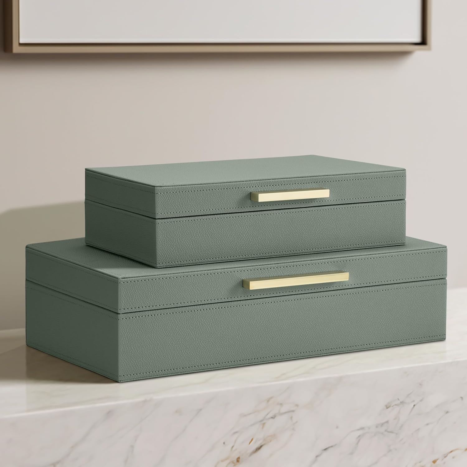 ZICOTO Decorative Storage Boxes with Lids – Set of 2 Beautiful PU Leather Organizer Bins for Your Bookshelf Home Decor - Safely Store Photos, Documents and Memory Box Keepsakes in Style