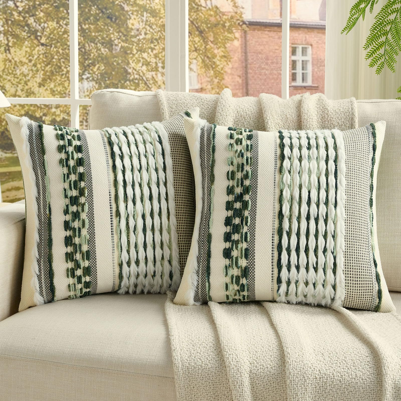 FUTEI Pack of 2 Boho Chenille Decorative Throw Pillow Covers 18x18 Inch Soft Plush Tufted Striped Textured Cushion Case,Farmhouse Accent for Couch Bed Living Room, Grey