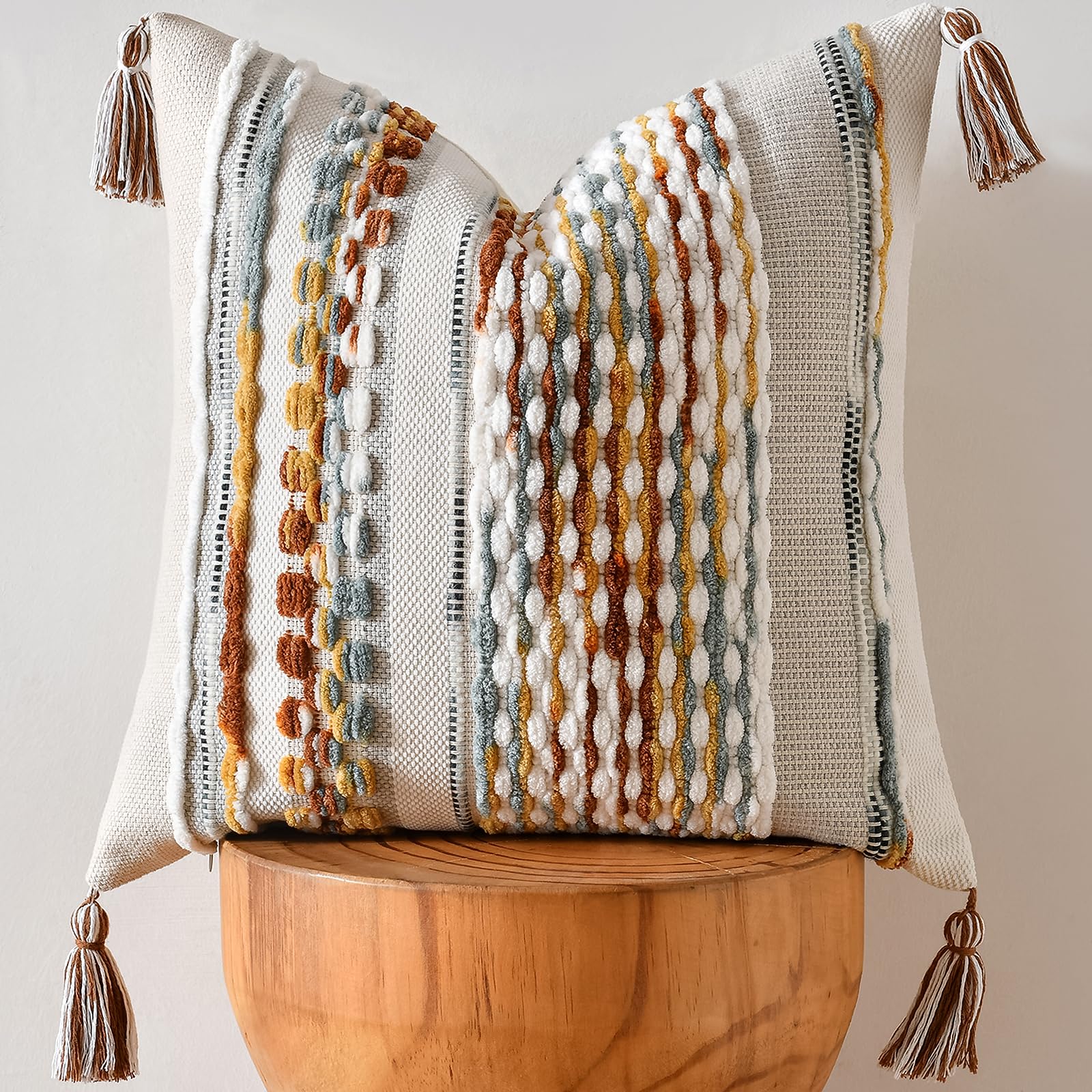 Set of 2 Grey 18×18 Inch Chenille Striped Pillow Covers, Boho Tassel Woven Couch Cushion Cases