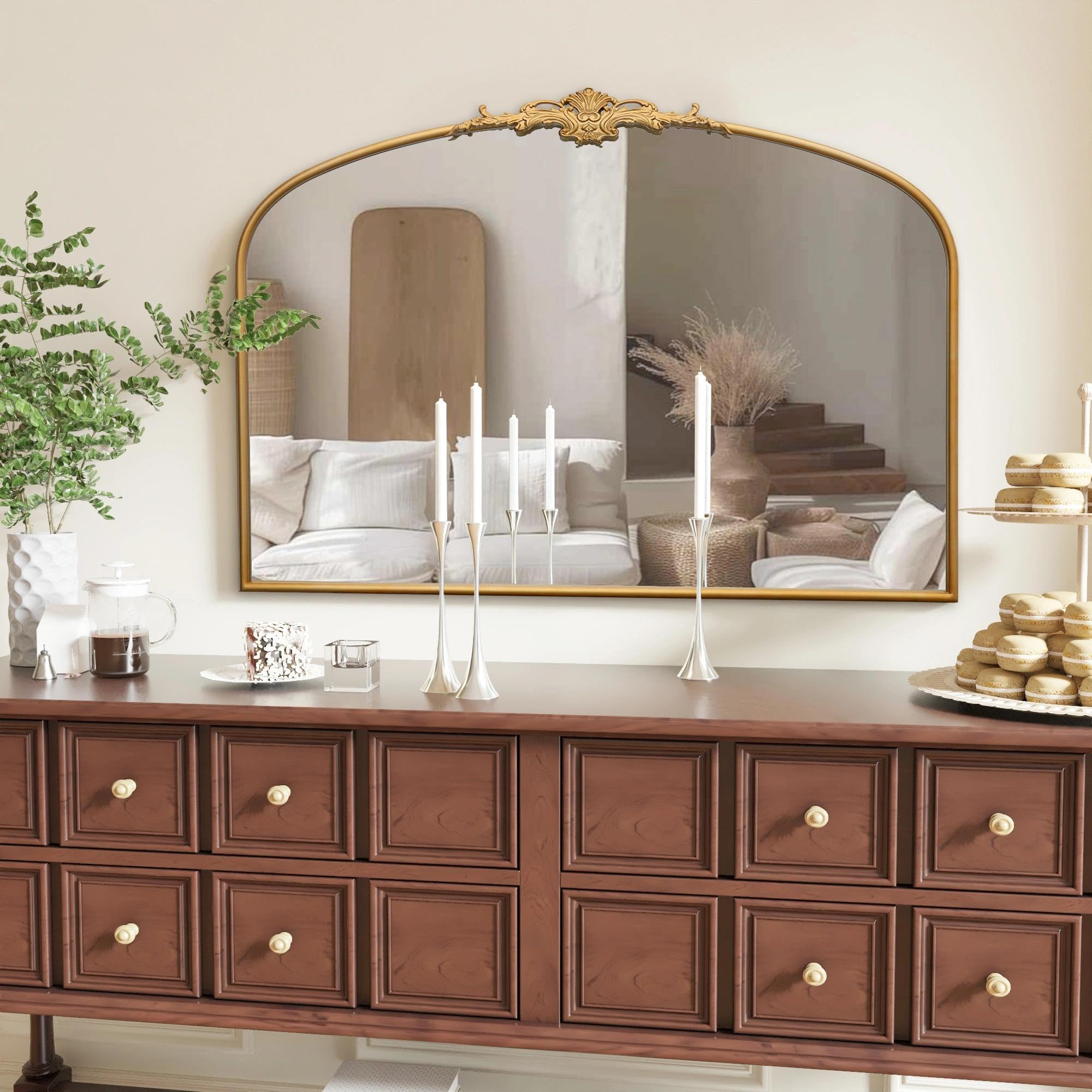 Besdomus Vintage Arched Gold Mirror: 40"x29" French Large Brass Antique Wall Vanity Mirror - Decorative Baroque Traditional Ornate for Entryway/Fireplace/Bathroom/Bedroom - Ideal for Home Renovations