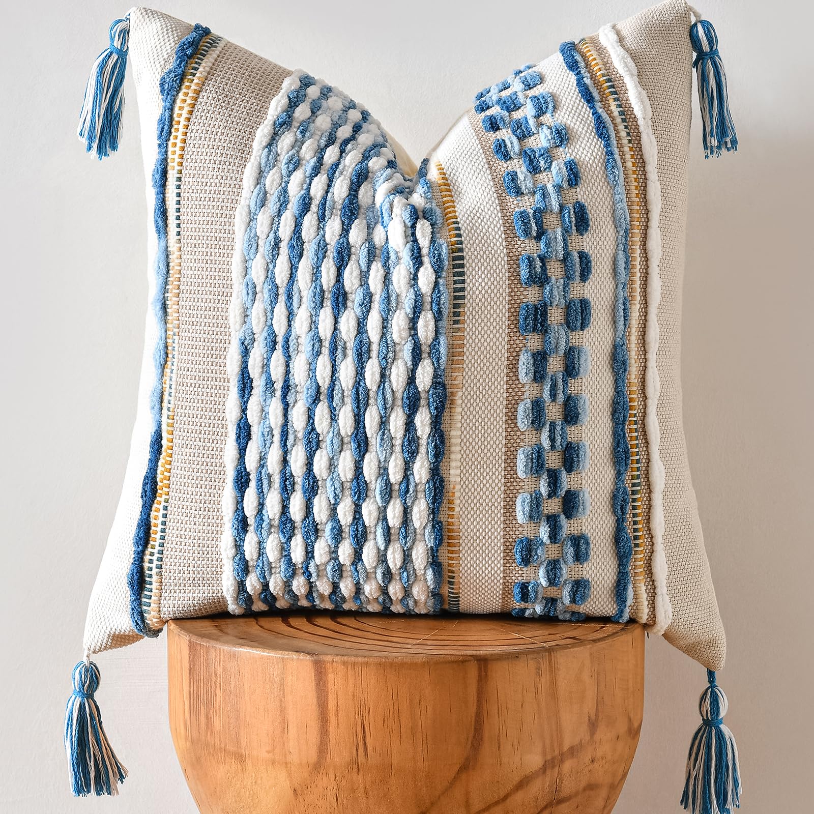 AmHoo Chenille Striped Textured Boho Throw Pillow Covers Aesthetic with Tassels Woven Decorative Pillow Case for Couch Bed Sofa Bedroom Modern Funky 18 x 18-Inch Brown