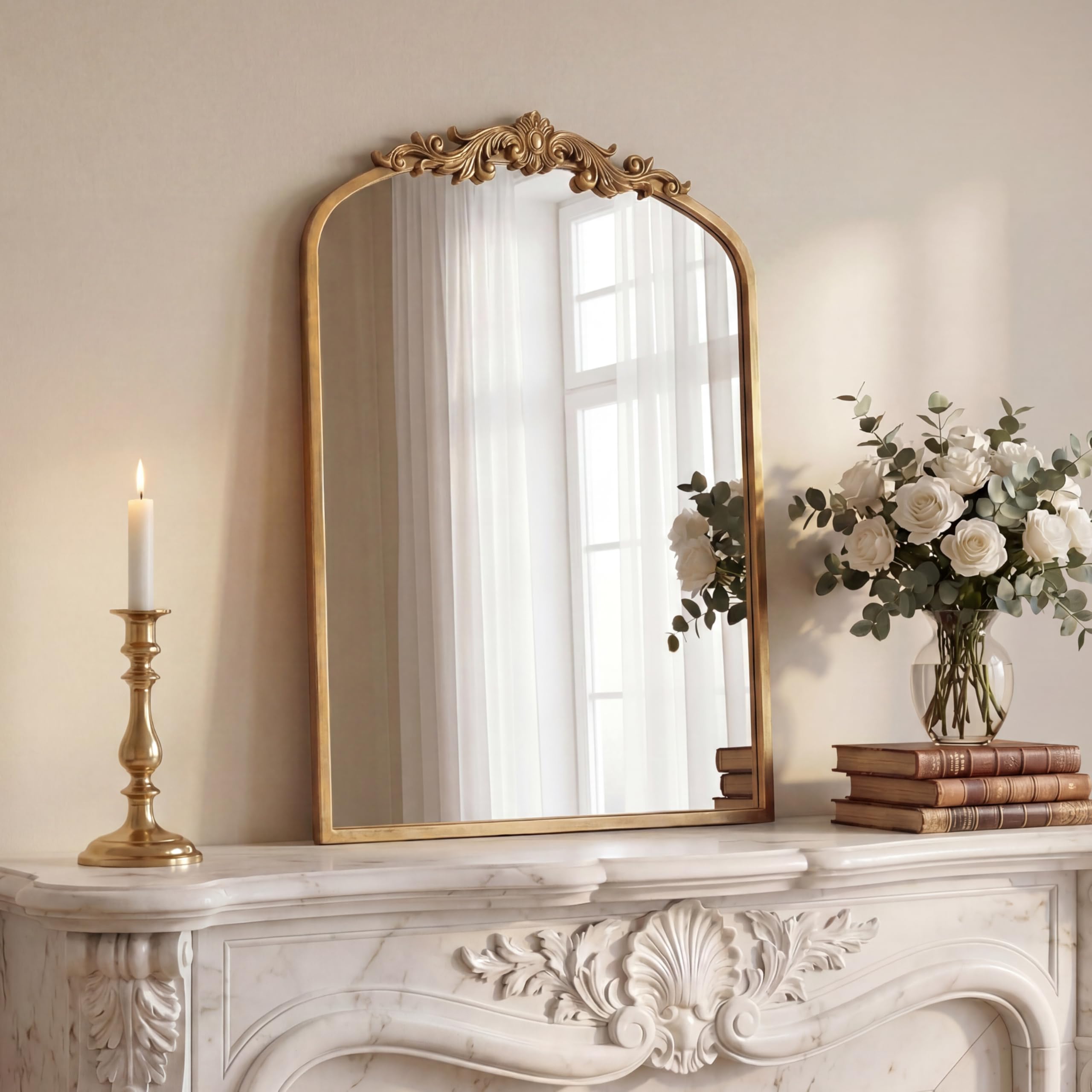 PERFNIQUE Vintage Mirror, 36" X 30" Arched Antique Baroque Mirror, Gold Traditional Wall Decor, Ornate Decor Anthro Look Alike Decor for Bathroom Living Room Fireplace Entryway Hallway