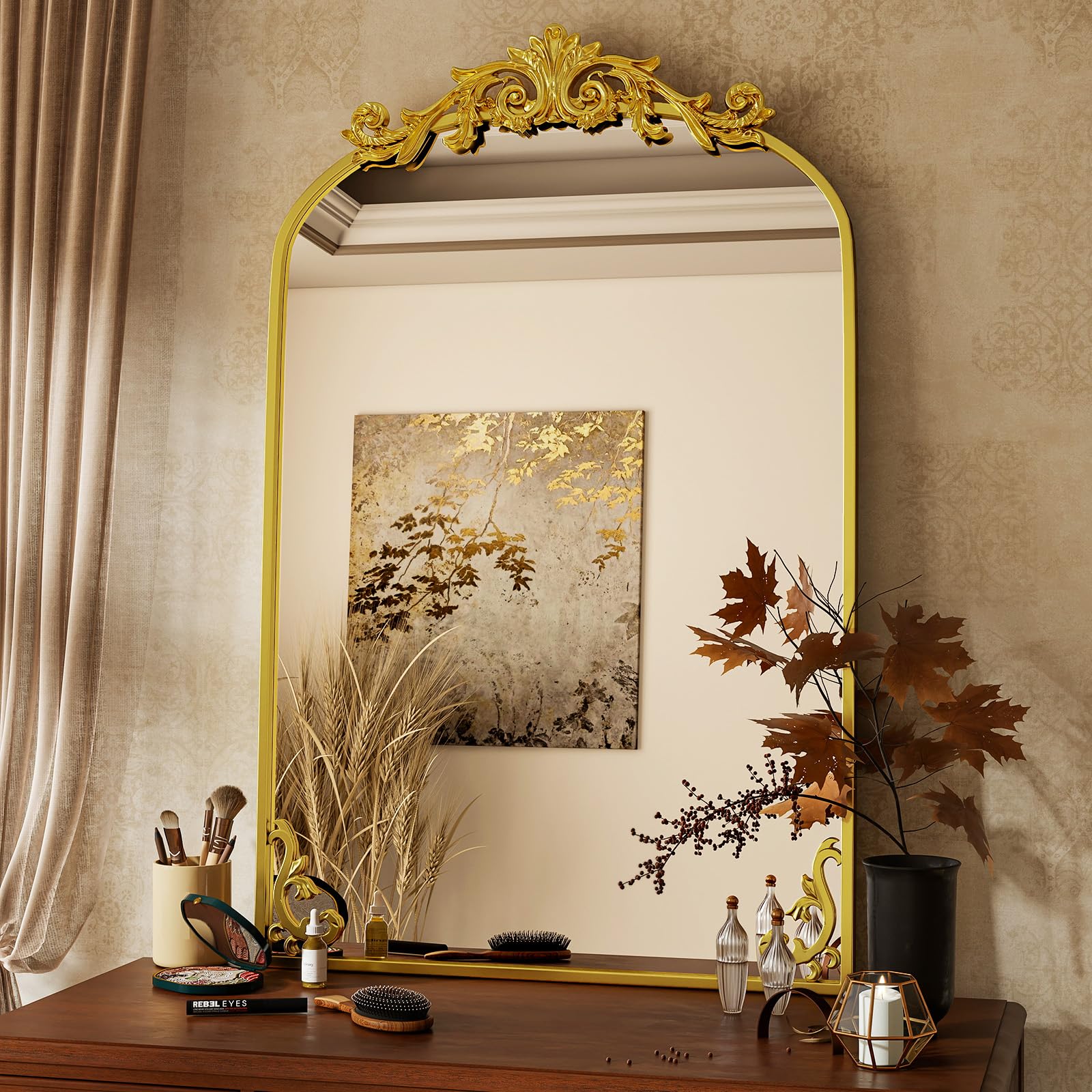 VooBang Vintage Arched Bathroom Mirror, 24x36 Inch Retro Wall Mounted Vanity Mirror with Carved Pattern Top and Metal Frame, Antique Decorative Mirror for Hanging or Leaning