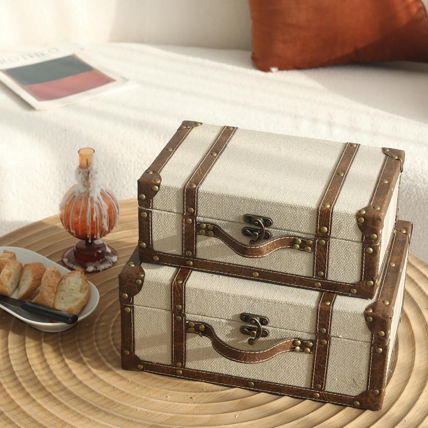 DECOR4SEASON Vintage Linen Fabric Decorative Box Set of 2 - Antique-Style Keepsake Chests for Coffee Table Decor, Mementos, and Elegant Bookshelf Styling