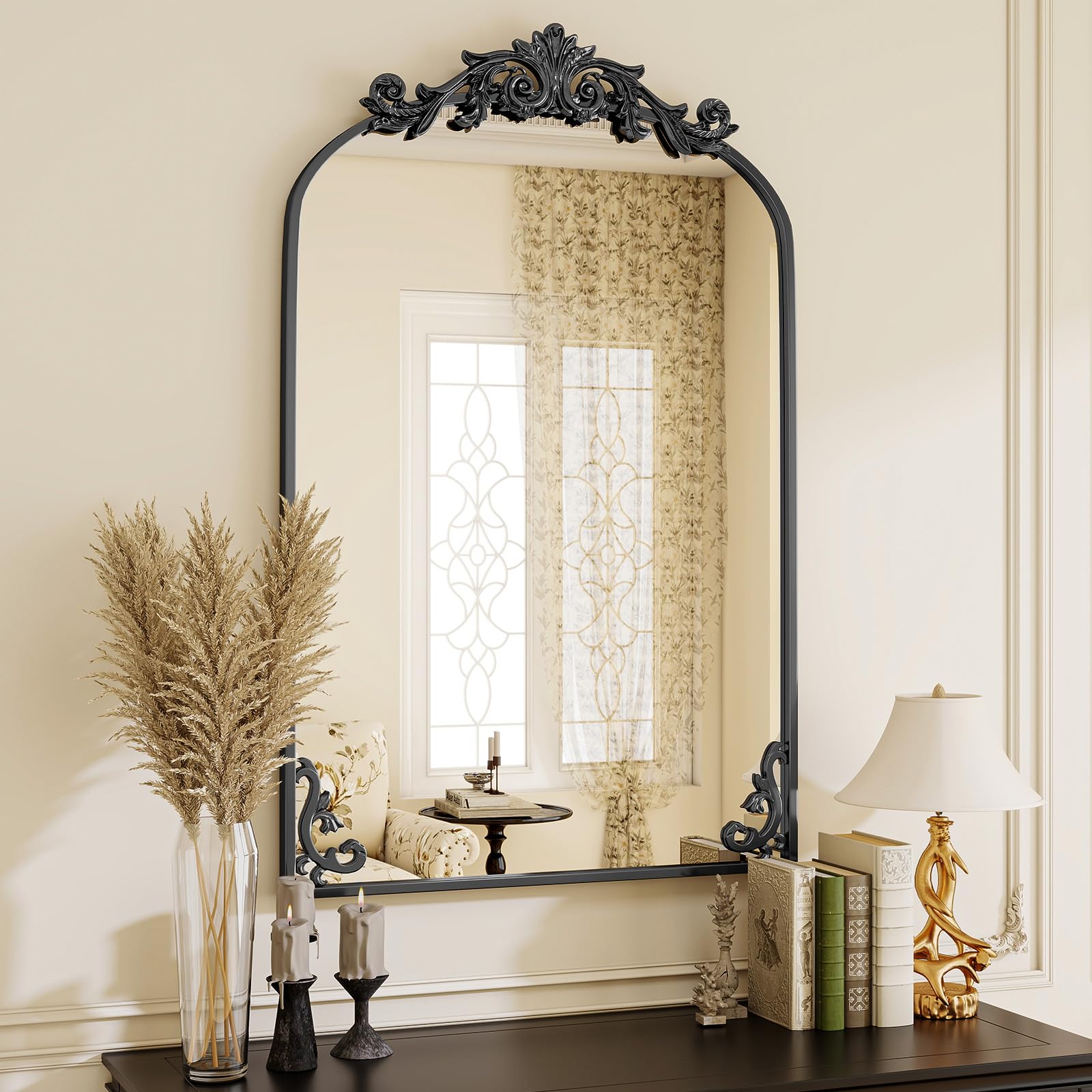 VooBang Vintage Arched Bathroom Mirror, 24x36 Inch Retro Wall Mounted Vanity Mirror with Carved Pattern Top and Metal Frame, Antique Decorative Mirror for Hanging or Leaning