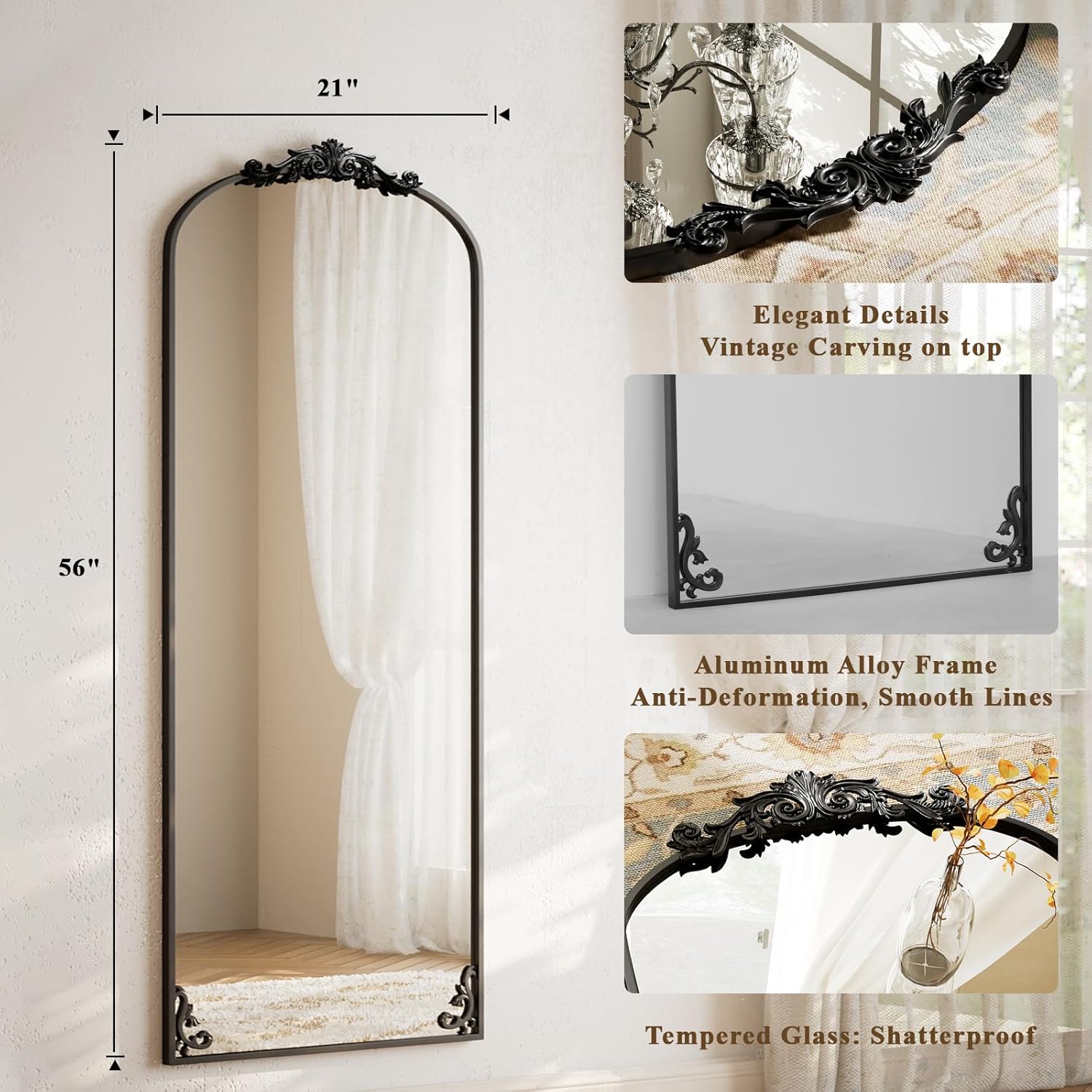 BEAUTYPEAK 56"x21" Arch Mirror Full Length, Traditional Vintage Ornate Baroque Mirror with Bottom Corner Pattern, Hanging or Leaning for Entryway/Bathroom/Fireplace/Bathroom, Black
