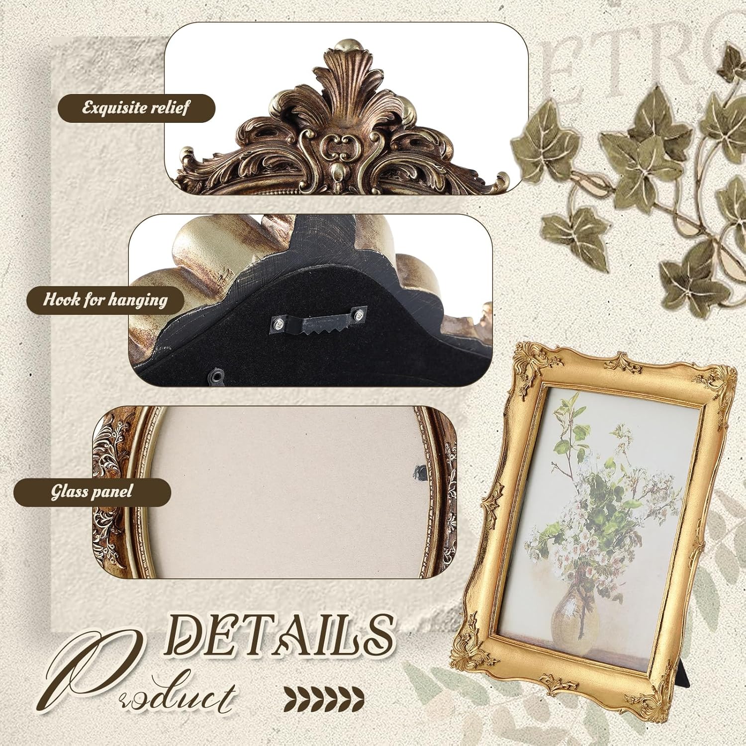Wonderjune 3 Pcs Large Vintage Picture Frames 10" 12" Antique Picture Frame,Clear Glass Rustic Frames Retro Home Decor Wall Mount for Gallery Art Oval Square, Bronze Gold (Vintage)