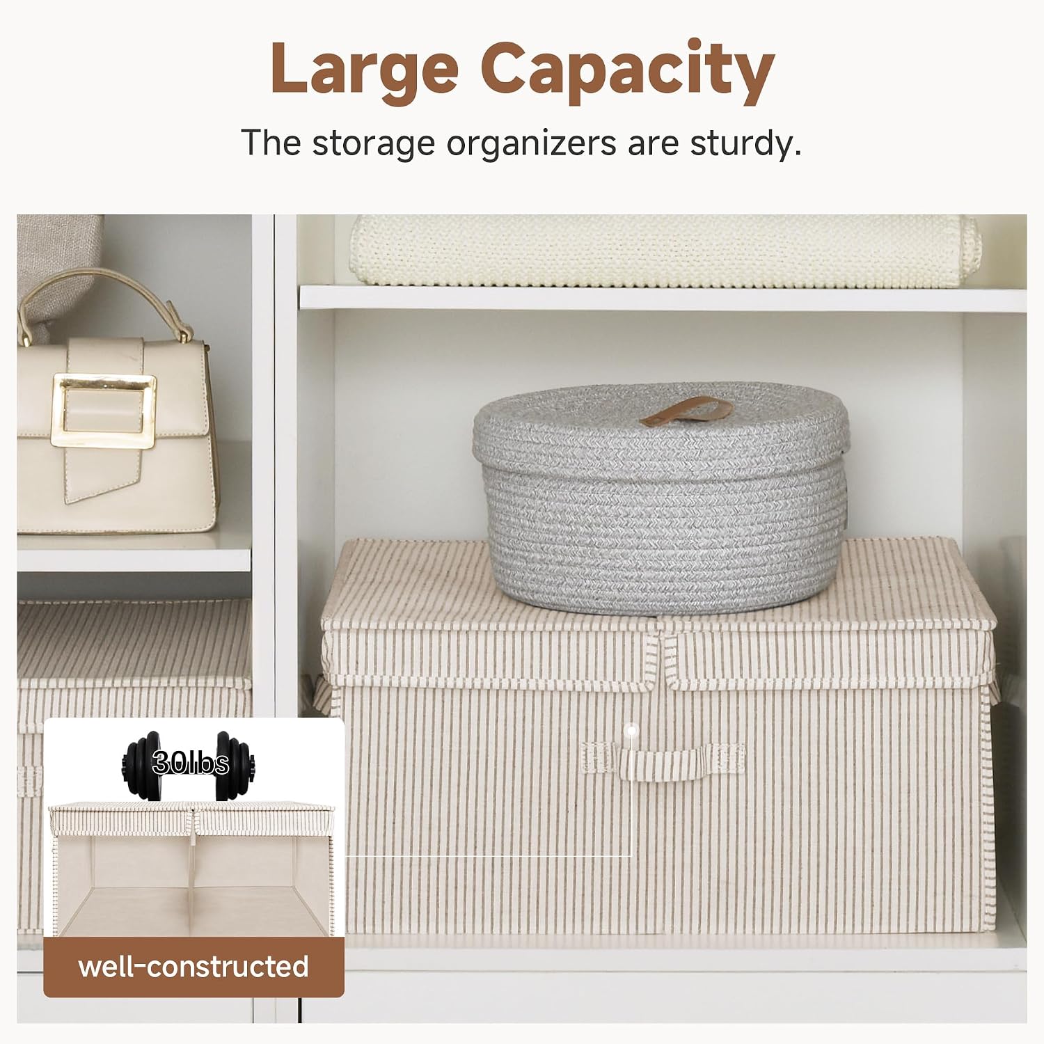 StorageWorks Extra Large Storage Bins with Lids, 55L Decorative Organizer with Divider Board, Fabric Boxes with Handles, Khaki and Beige Stripes, 2-Pack