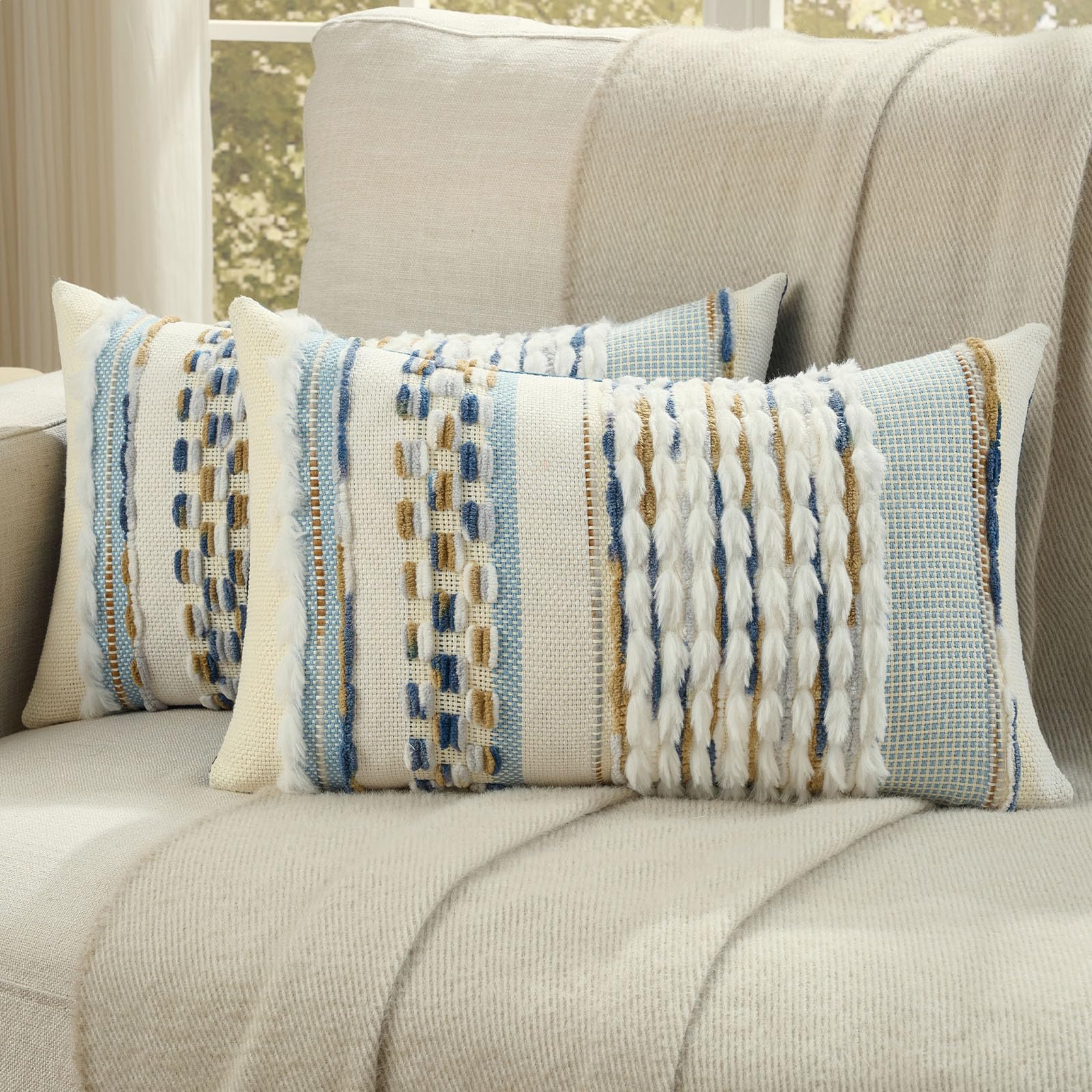 FUTEI Pack of 2 Boho Chenille Decorative Throw Pillow Covers 18x18 Inch Soft Plush Tufted Striped Textured Cushion Case,Farmhouse Accent for Couch Bed Living Room, Grey