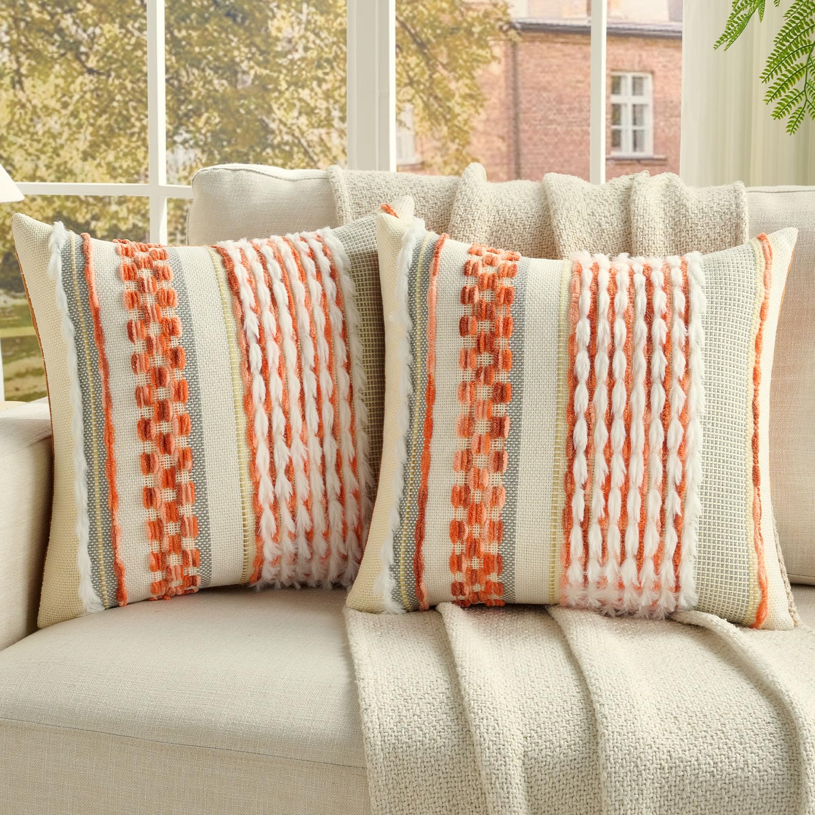 FUTEI Pack of 2 Boho Chenille Decorative Throw Pillow Covers 18x18 Inch Soft Plush Tufted Striped Textured Cushion Case,Farmhouse Accent for Couch Bed Living Room, Grey