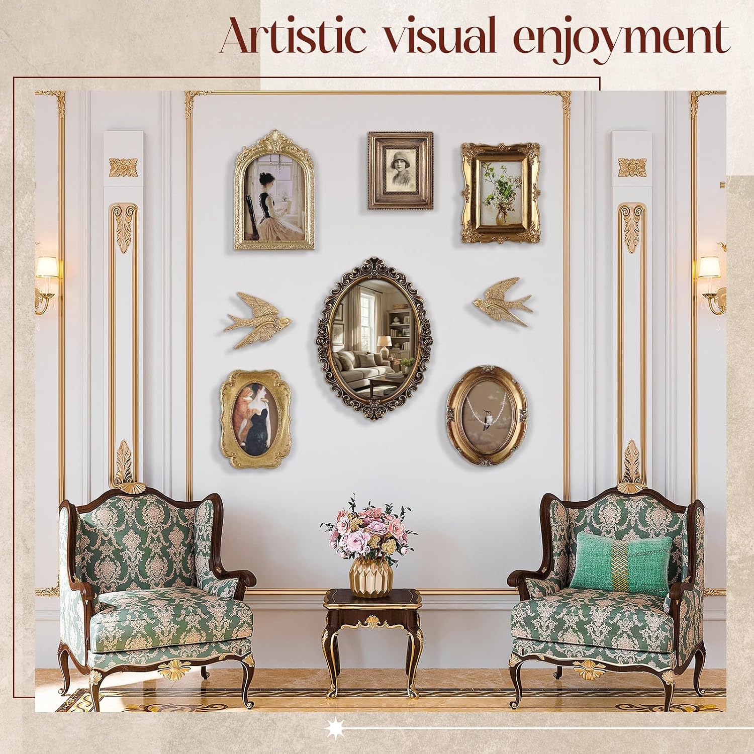 Wonderjune 8 Pcs Vintage Picture Frames with Gold Mirror Bird Sculpture Antique Gold Gallery Wall Frame for 4x6, 5x7 Baroque for Wall or Tabletop Gallery Home Decor