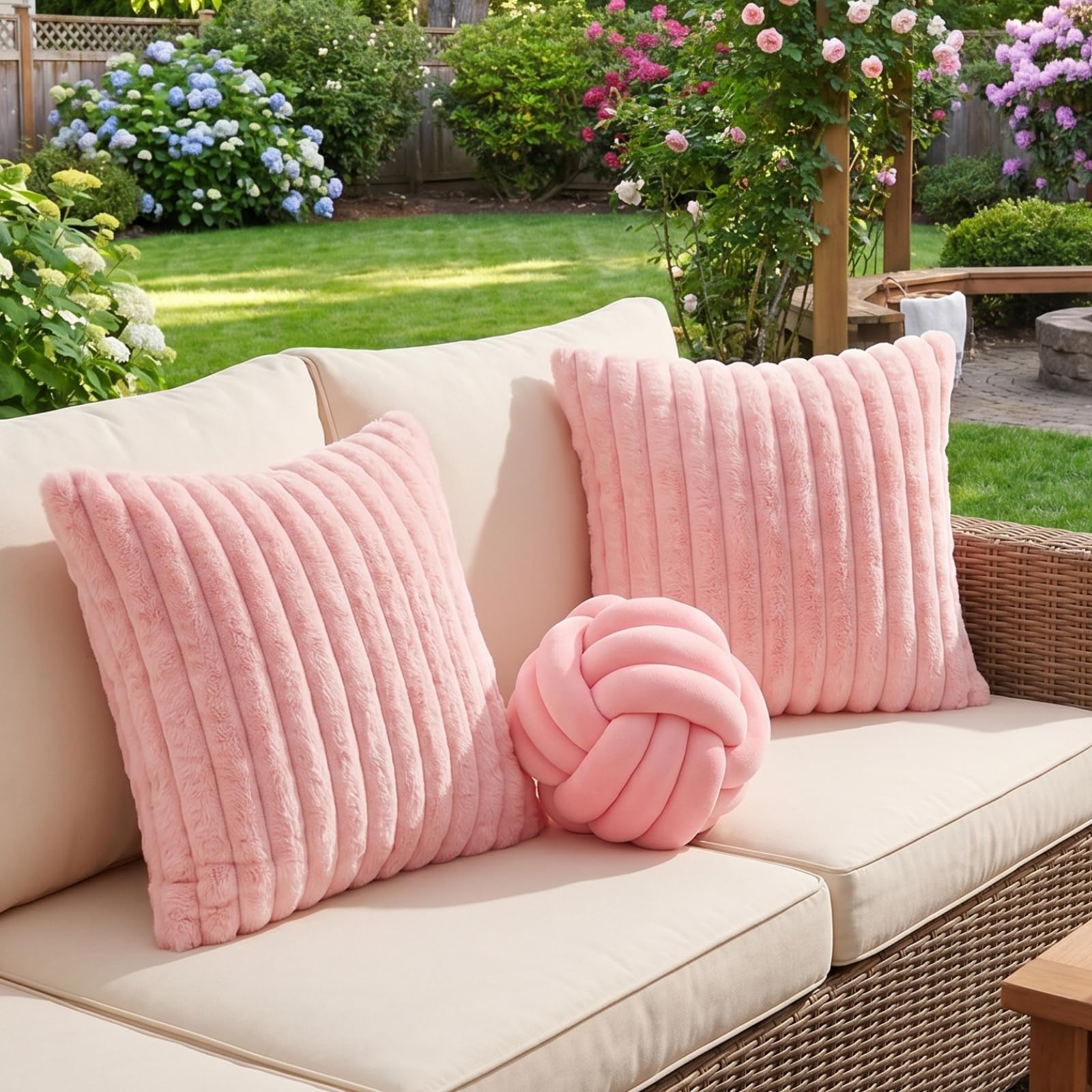 Tegeme Set of 3 Knot Pillow Ball and 18" Throw Pillowcases Fuzzy Striped, Soft Knotted Home Decor Pillow, 2 Faux Fur Cushion Covers Aesthetic Cushion and Cases for Sofa Bed Bedroom Living Room (Pink)
