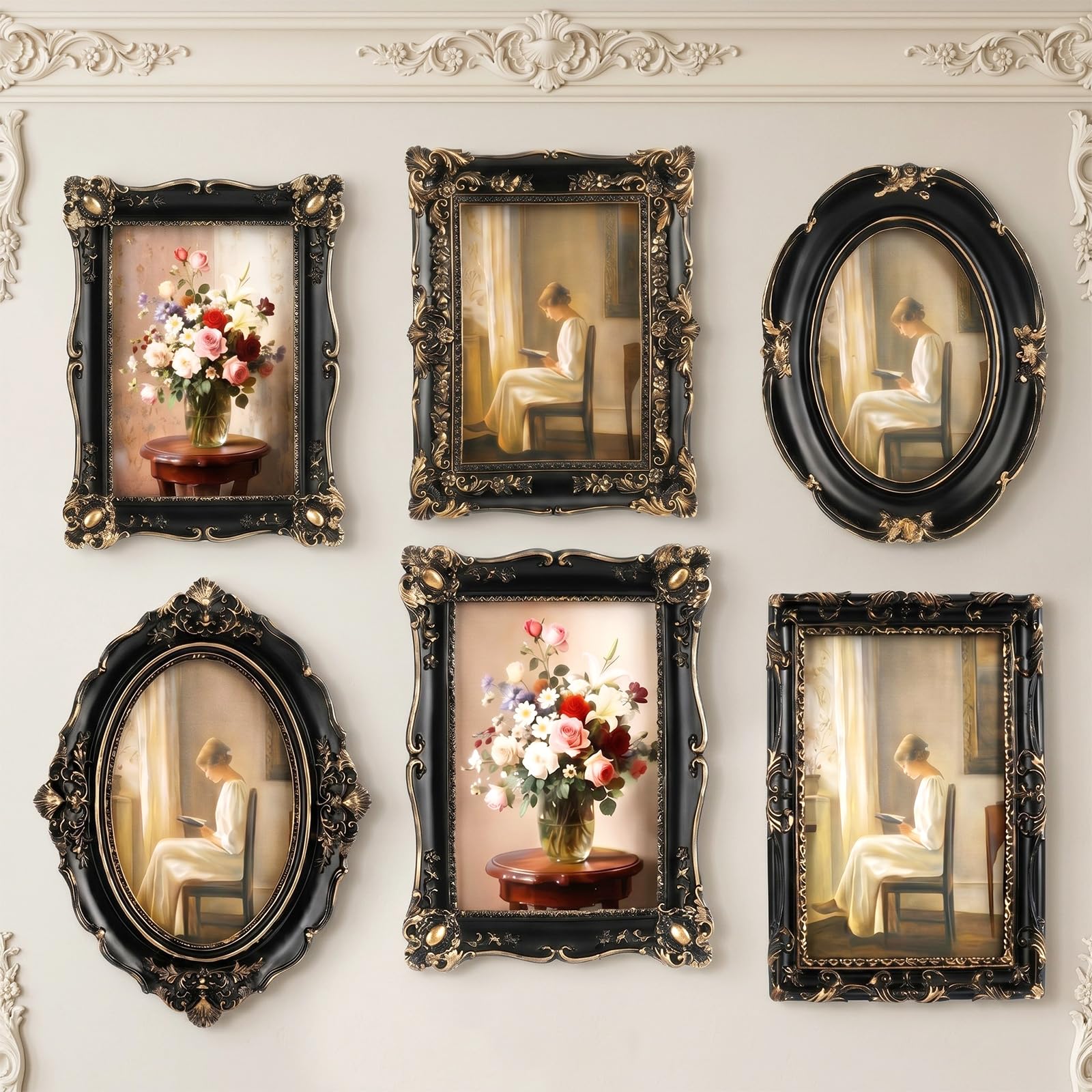 Lineshading 6 Pcs Vintage Picture Frames for Wall or Tabletop Antique Picture Frame 5"x7" 4"x6" Ornate French Country Frame Baroque Victorian Photo Frames for Gallery Home Farmhouse Decor (Gold)