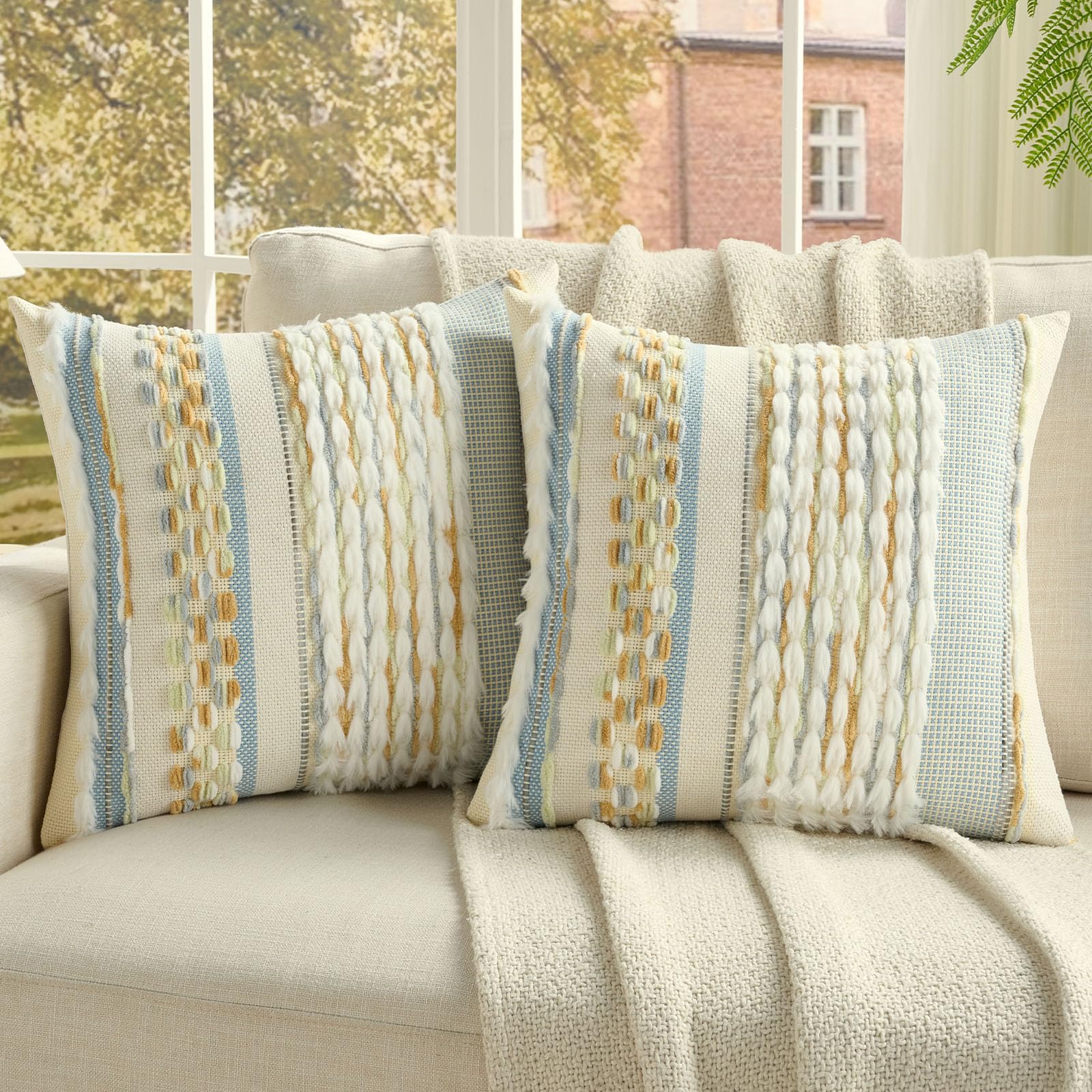 FUTEI Pack of 2 Boho Chenille Decorative Throw Pillow Covers 18x18 Inch Soft Plush Tufted Striped Textured Cushion Case,Farmhouse Accent for Couch Bed Living Room, Grey