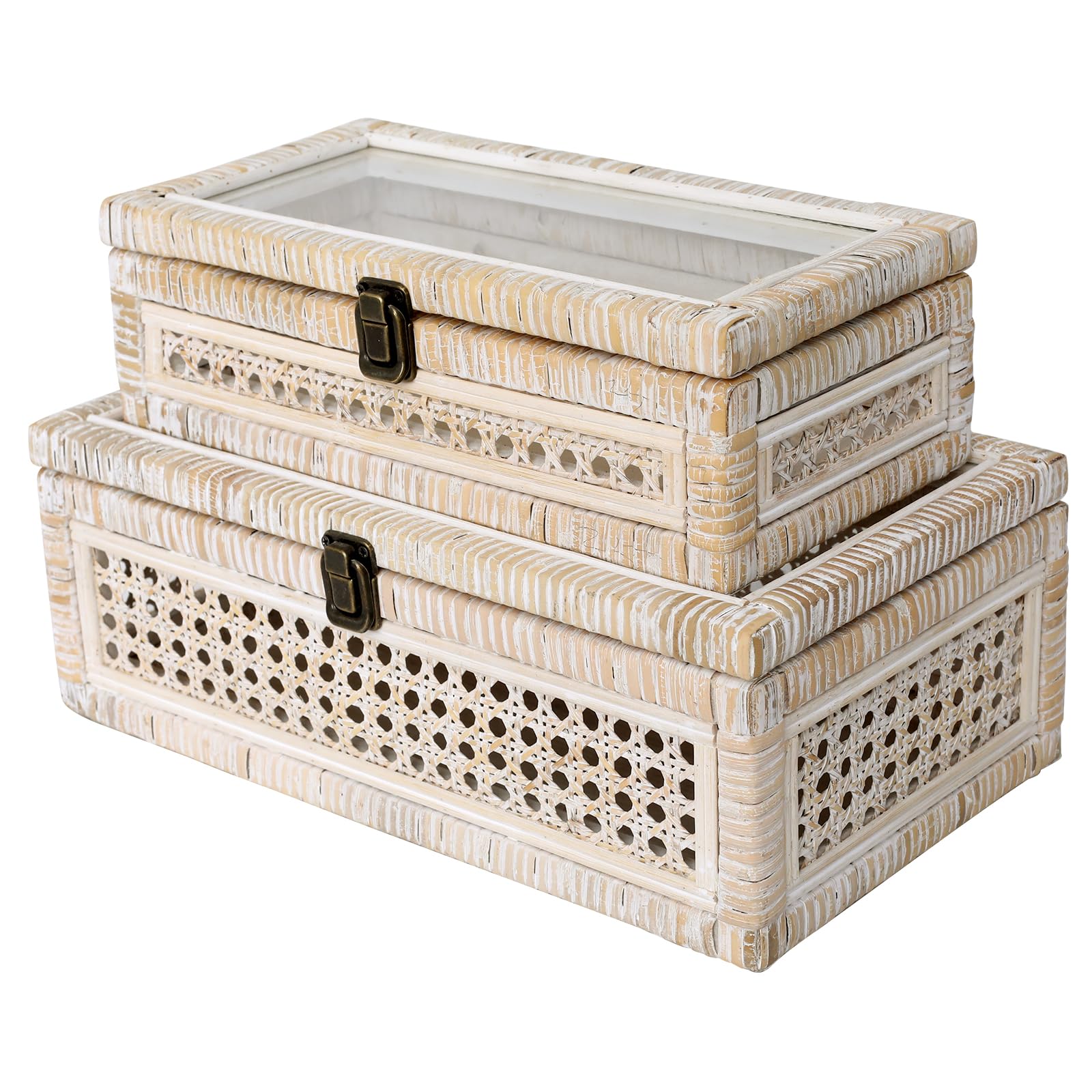DECOR4SEASON Rattan and Cane Stacking Boxes with Glass Top Lid - Set of 2 for Boho, and Rustic Farmhouse Decor