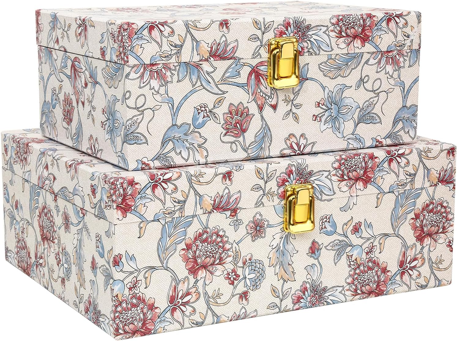 2-Piece Decorative Storage Boxes with Lids, Illustrated Botanical Floral Design in Soft Vintage Tones, Keepsake Boxes with Decorative Metal Closure, Memory Storage Boxes for Home Décor