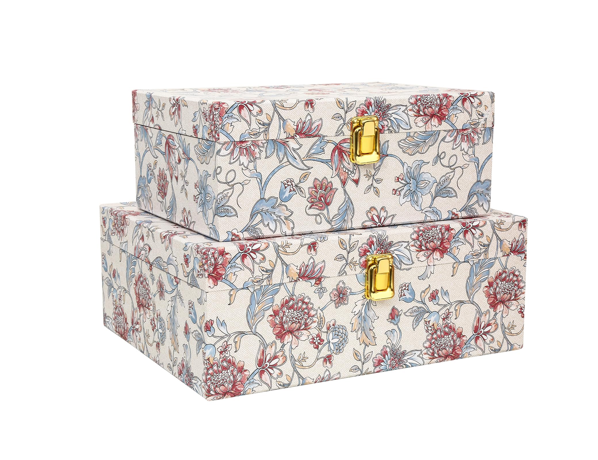 2-Piece Decorative Storage Boxes with Lids, Illustrated Botanical Floral Design in Soft Vintage Tones, Keepsake Boxes with Decorative Metal Closure, Memory Storage Boxes for Home Décor