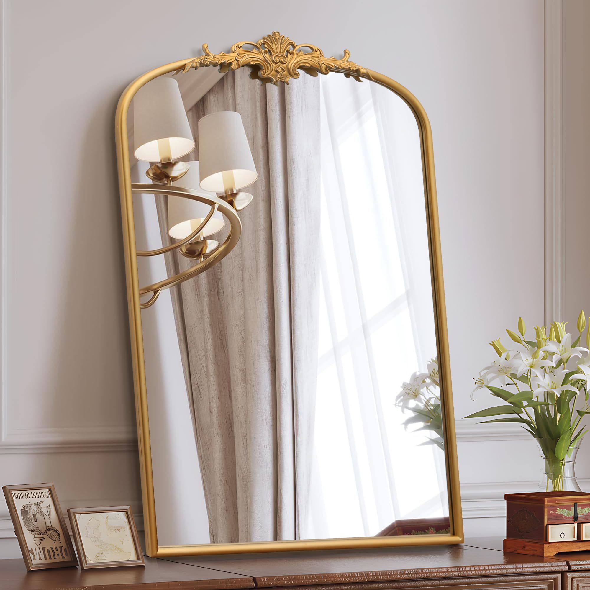 Besdomus Vintage Arched Gold Mirror: 40"x29" French Large Brass Antique Wall Vanity Mirror - Decorative Baroque Traditional Ornate for Entryway/Fireplace/Bathroom/Bedroom - Ideal for Home Renovations