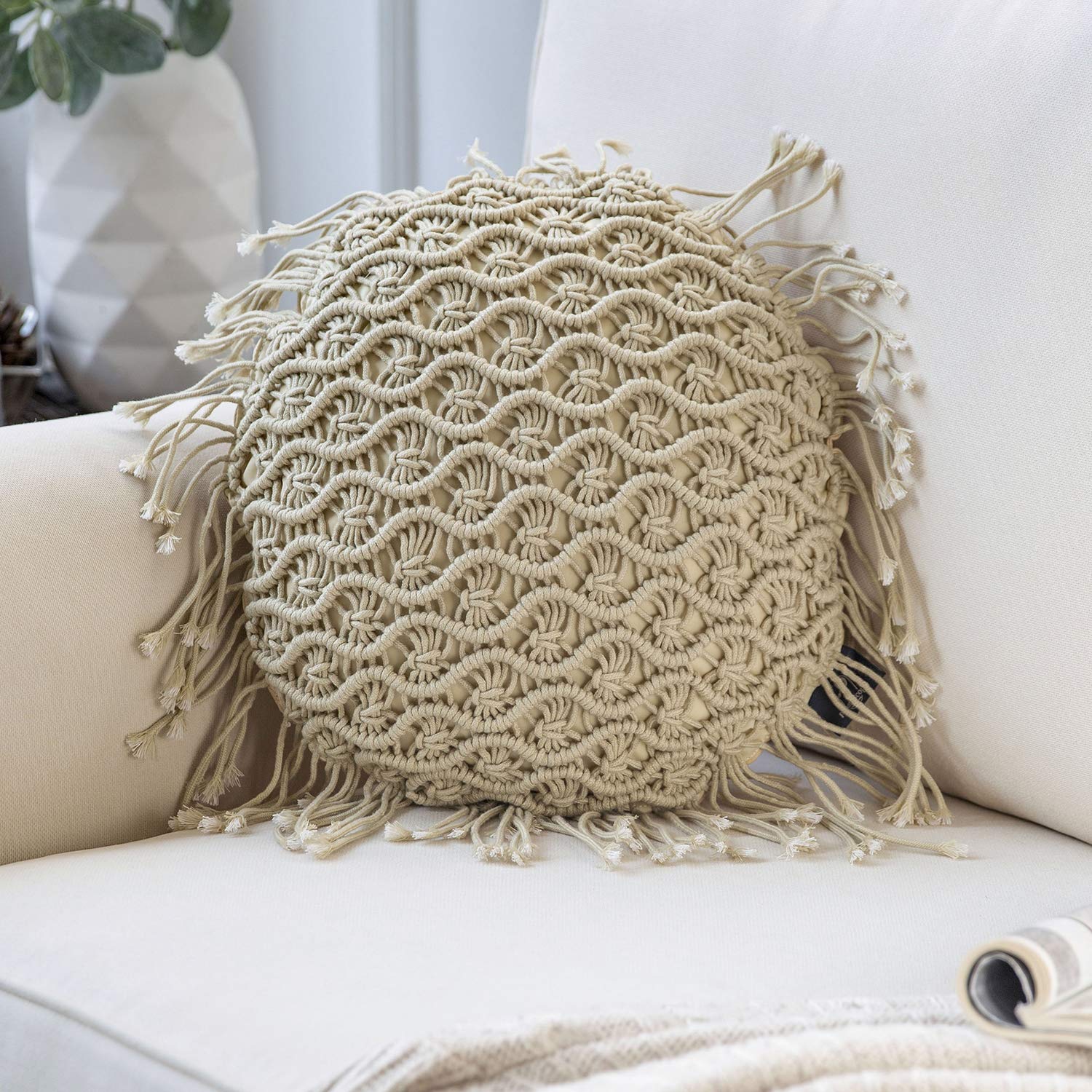 Phantoscope 100% Cotton Handmade Symmetry 3D Crochet Woven Boho Throw Pillow Farmhouse Pillow Insert Included Decorative Cushion for Couch Sofa Grey 18 x 18 inches 45 x 45 cm