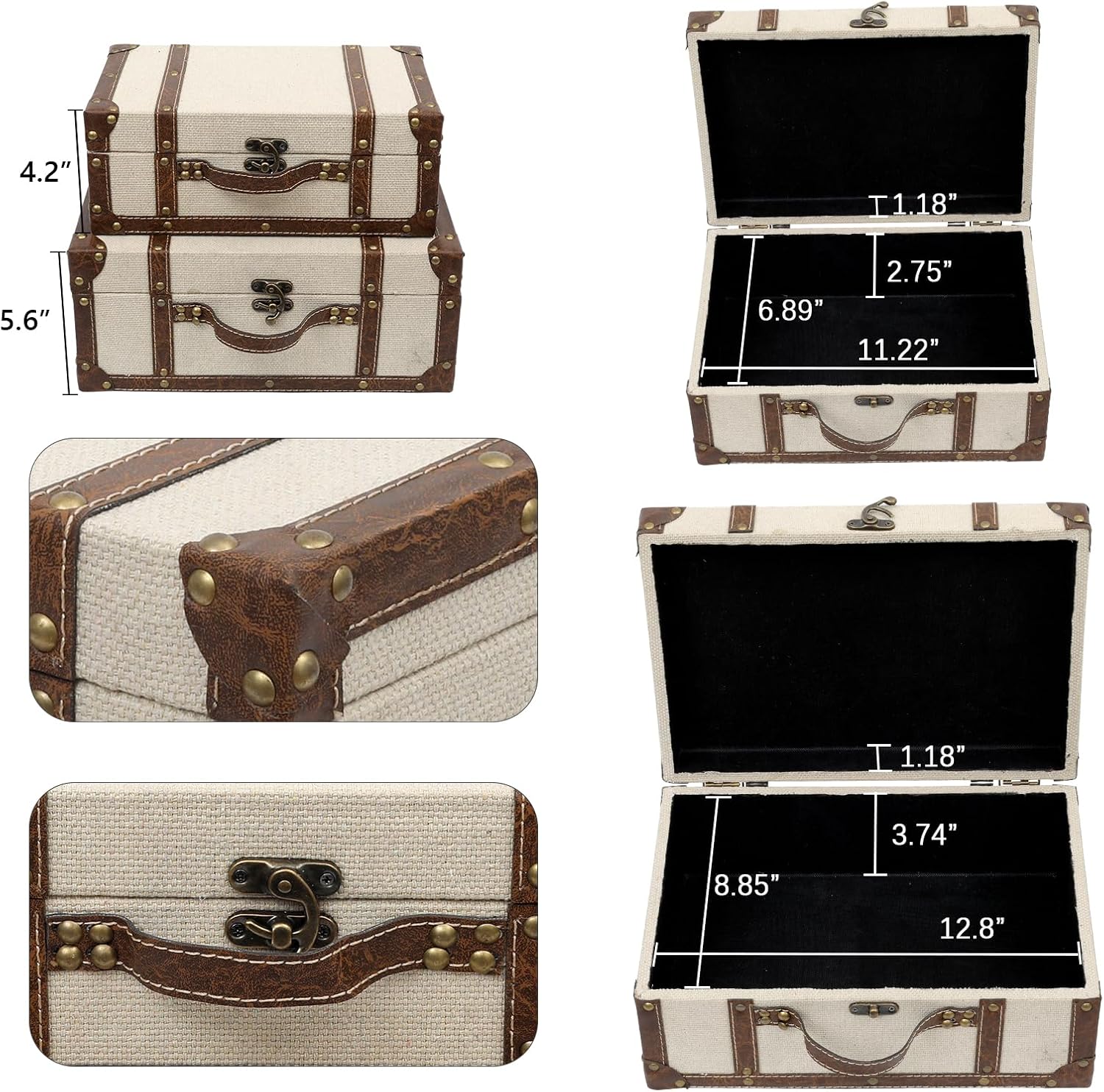 DECOR4SEASON Vintage Linen Fabric Decorative Box Set of 2 - Antique-Style Keepsake Chests for Coffee Table Decor, Mementos, and Elegant Bookshelf Styling