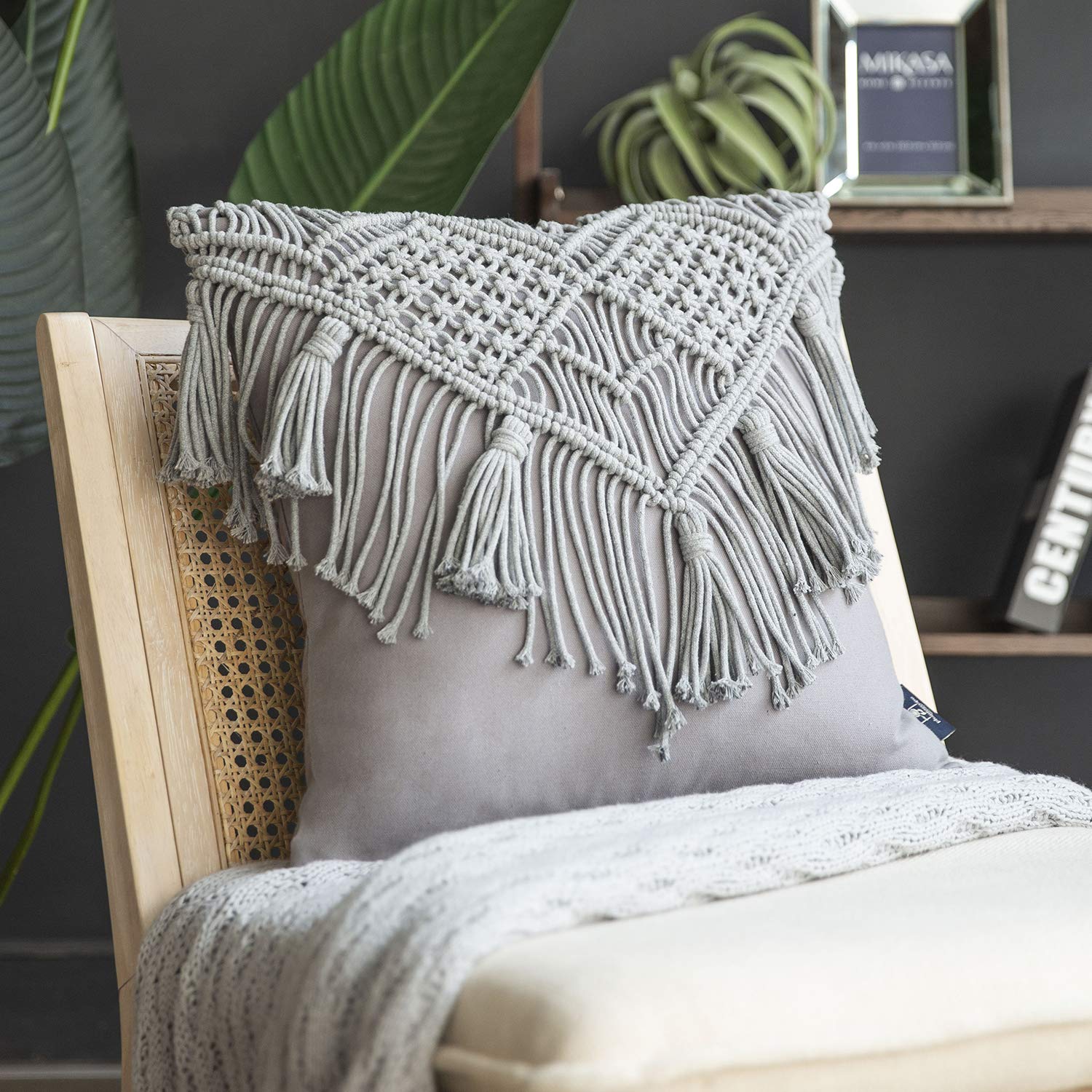 Phantoscope 100% Cotton Handmade Symmetry 3D Crochet Woven Boho Throw Pillow Farmhouse Pillow Insert Included Decorative Cushion for Couch Sofa Grey 18 x 18 inches 45 x 45 cm
