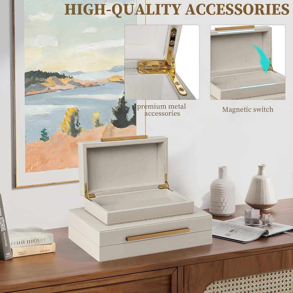 Set of 2 Shagreen Decorative Box, Modern Faux Leather Beige Decorative Storage Boxes with Lids and Metal Handles, Jewelry & Memory Box for Home, Office Decor (Beige+Gold Handles)