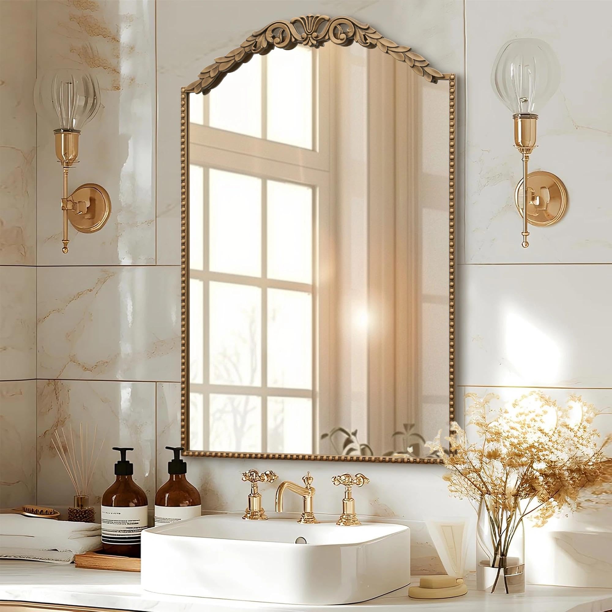 Besdomus Gold Large Arched Mirror: 40"x29" French Baroque Vintage Mirror - Traditional Ornate Antique for Mantel/Bedroom/Entryway/Bathroom/Hallway - Home Decor for Fashion-Conscious