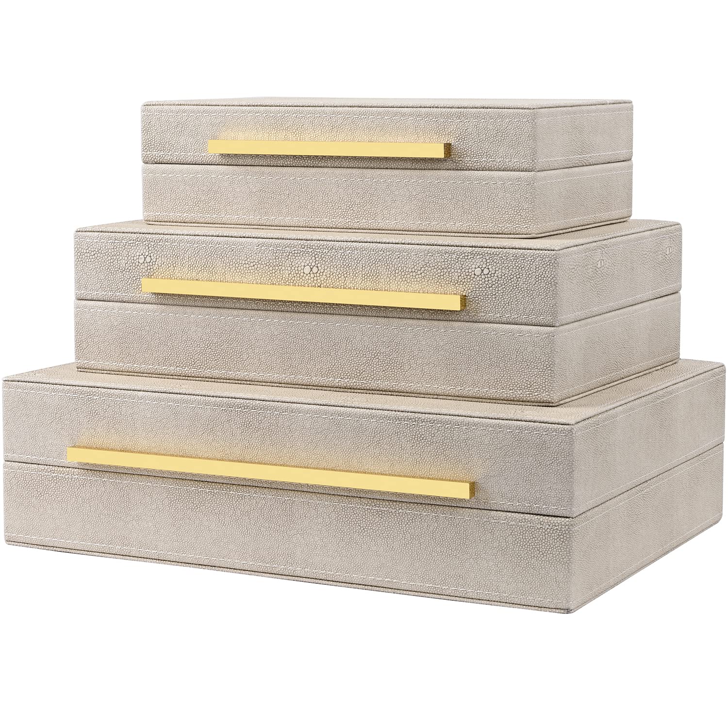 Beige Shagreen Decorative Box Set of 3 - Faux Leather Nesting Storage Boxes with Lids, Large Modern Jewelry Organizer, Stackable Home Decor Box for Bedroom, Bathroom & Office