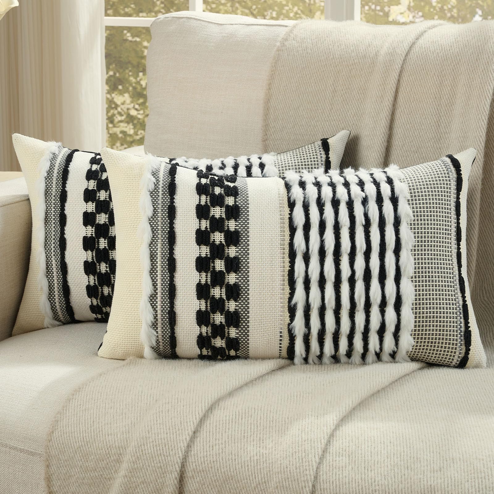 FUTEI Pack of 2 Boho Chenille Decorative Throw Pillow Covers 18x18 Inch Soft Plush Tufted Striped Textured Cushion Case,Farmhouse Accent for Couch Bed Living Room, Grey
