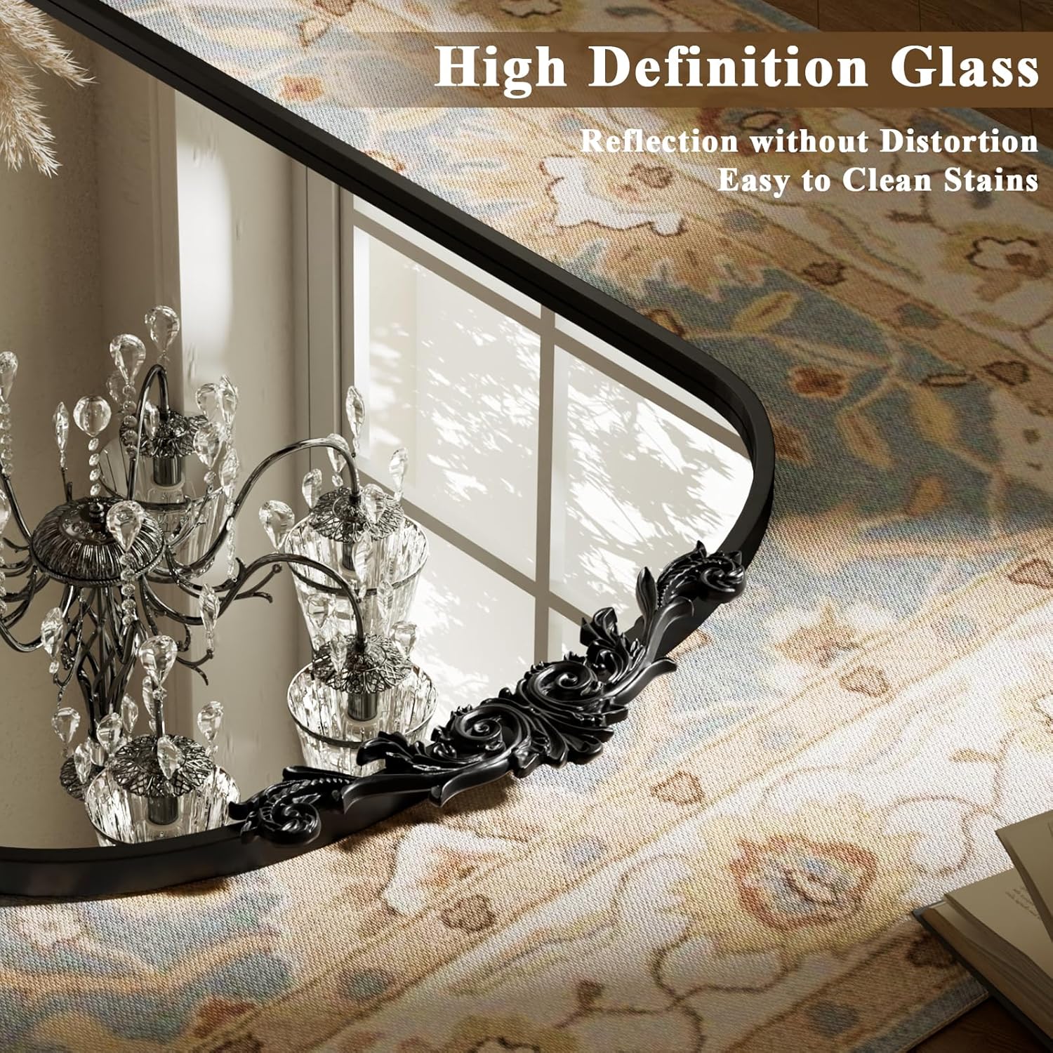 BEAUTYPEAK 56"x21" Arch Mirror Full Length, Traditional Vintage Ornate Baroque Mirror with Bottom Corner Pattern, Hanging or Leaning for Entryway/Bathroom/Fireplace/Bathroom, Black