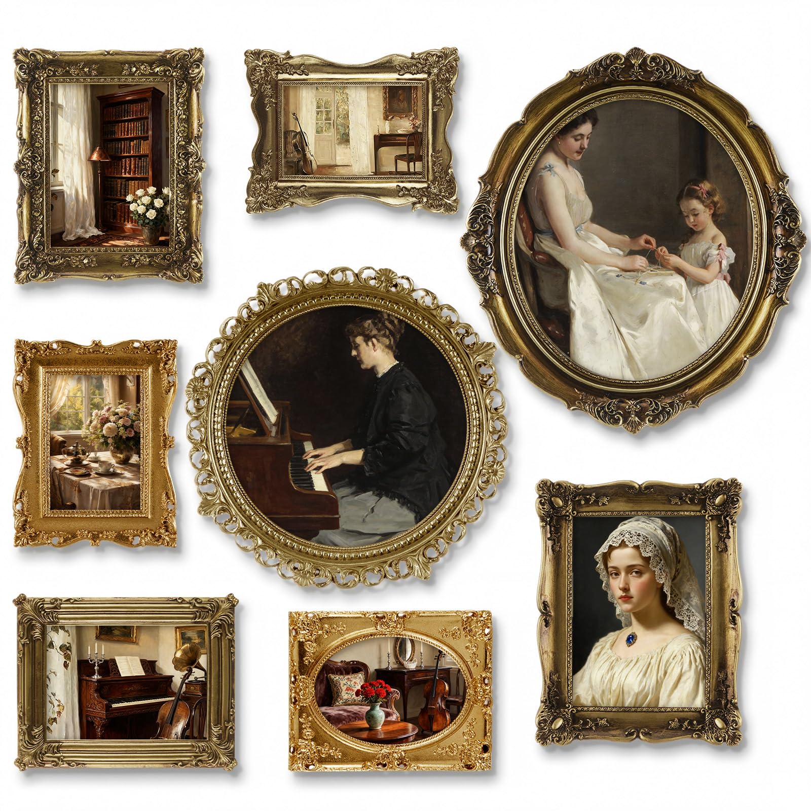 8 Pcs Vintage Picture Frames Set for Gallery Wall, Antique Gold Resin Photo Frames Collage Assorted Sizes 8x10, 5x7 & 4x6, Ornate Victorian French Country Decor for Wall Mount & Tabletop Display