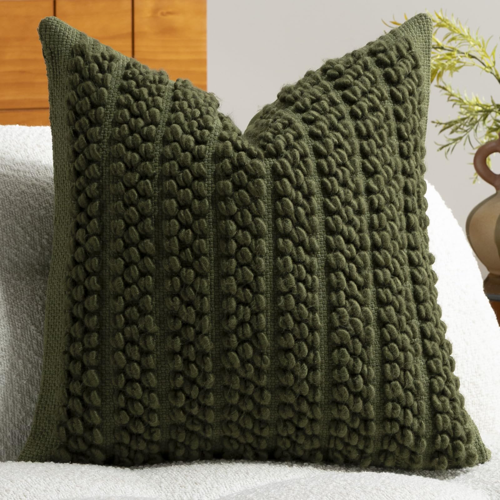 DEZENE Wool Boucle Throw Pillow Cover Premium Chic Accents Square Textured Decorative Pillow Case for Living Room Couch Sofa Home Decor 18"x18" Beige