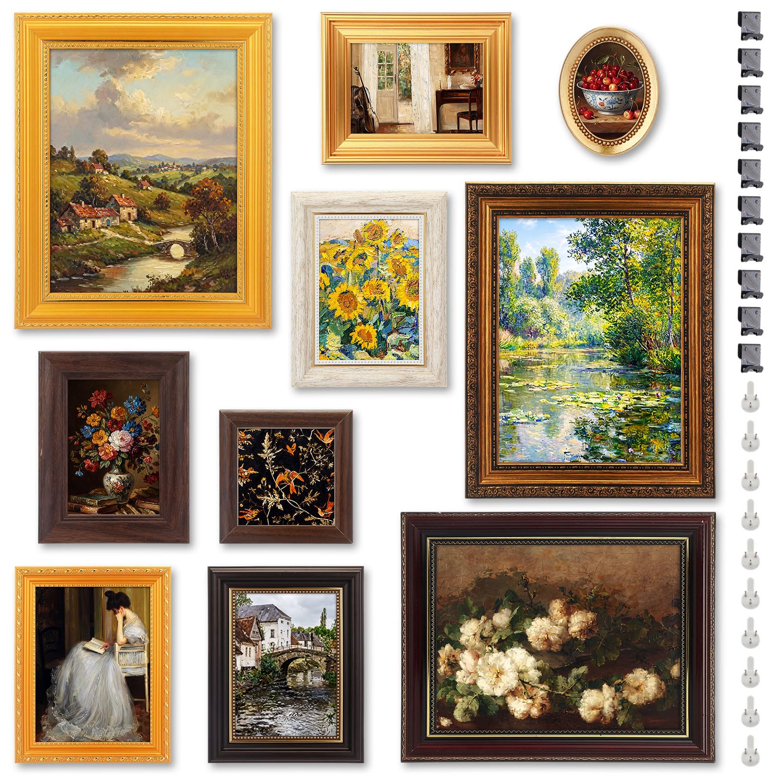 Mifoci 12 Pcs Vintage Picture Frame Set for Wall or Tabletop Display, Multi Size Gold Brown Antique Frames with Glass Front for French Country Farmhouse Gallery Room Wall Art Decor (Baroque)