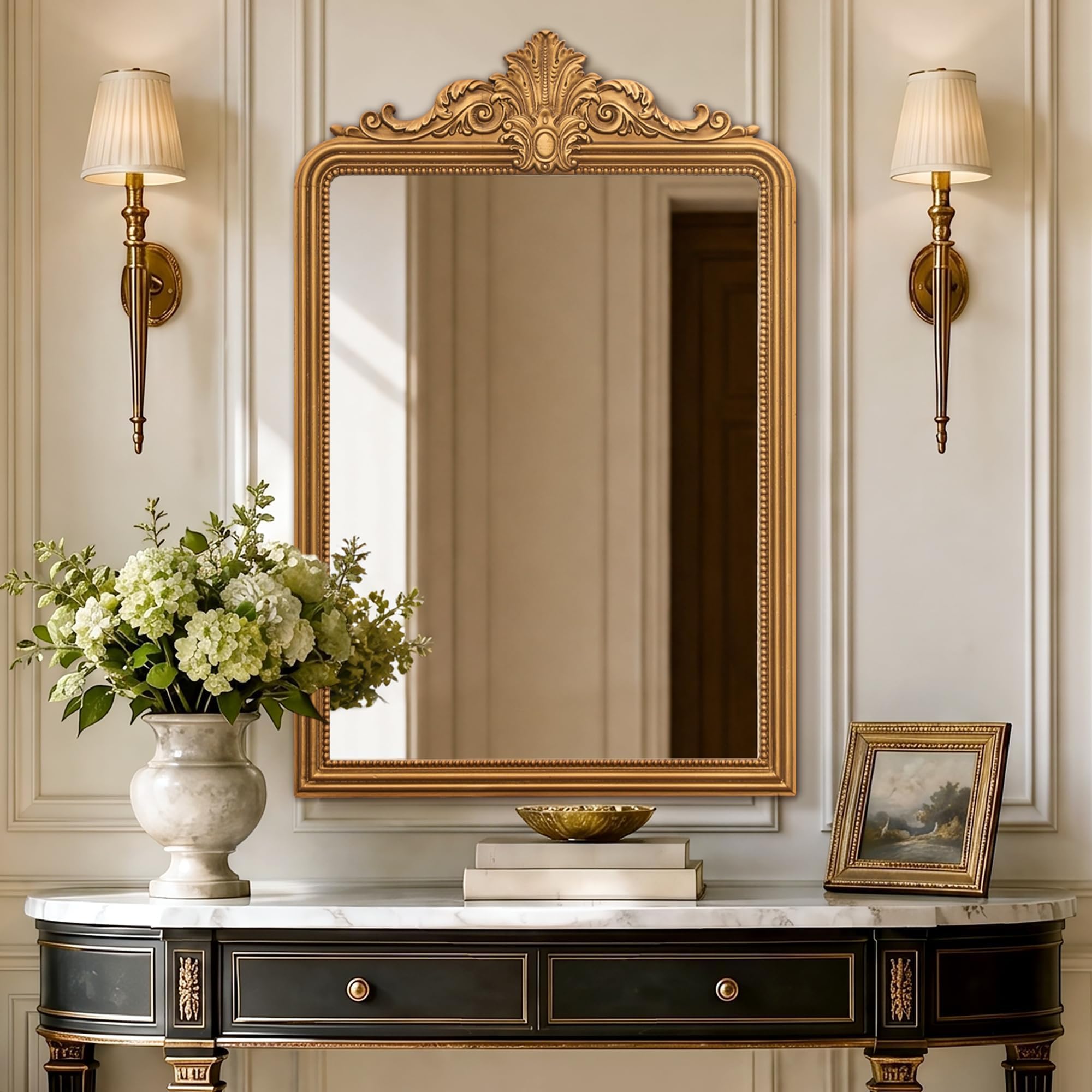 24×36 Inch Antique Gold Baroque Wall Mirror, Ornate Resin Frame Decor Mirror for Entryway Fireplace