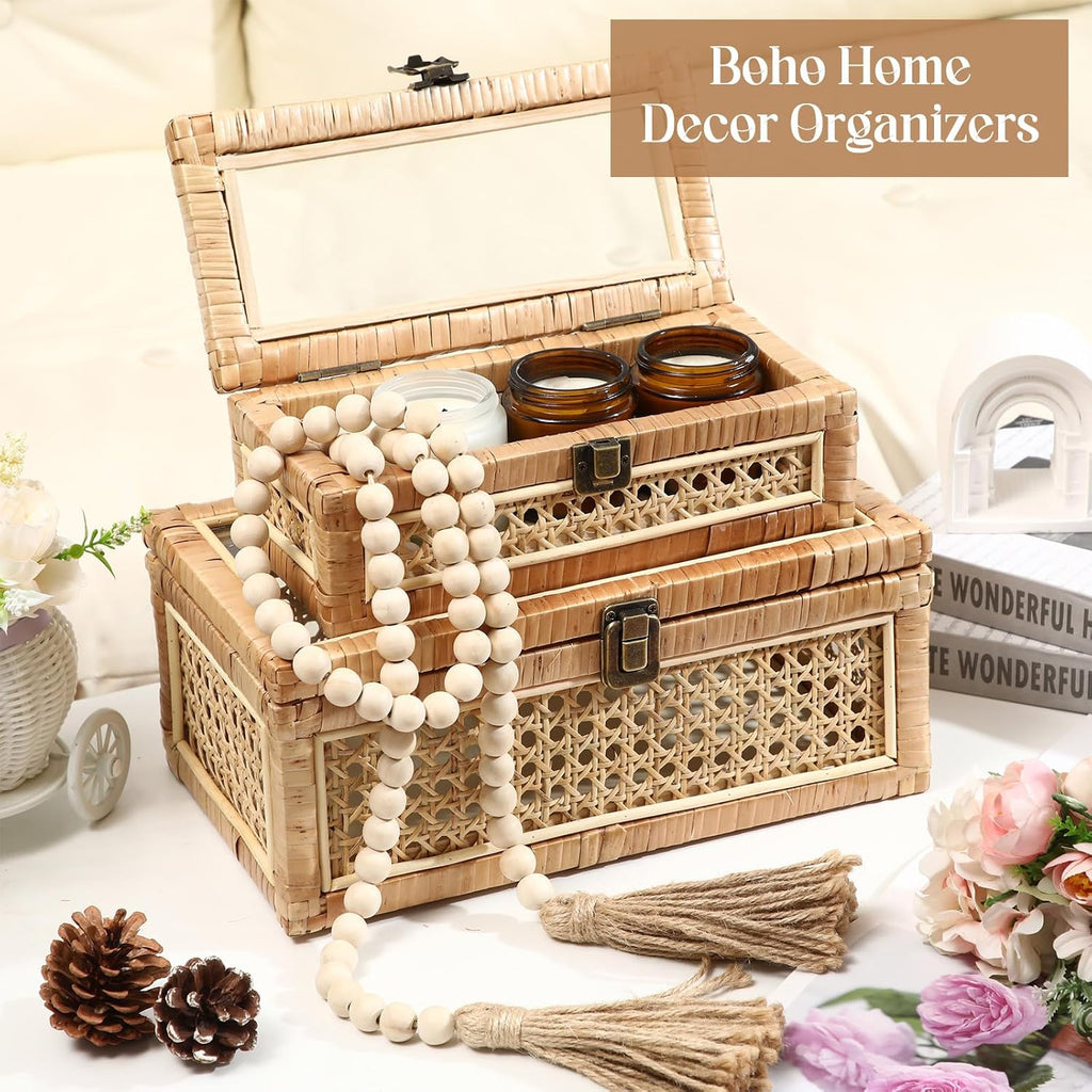 Set of 2 Boho Rattan Decorative Box with Glass Lid Rectangular Woven Cane Stacking Boxes for Display Rustic Farmhouse Storage Basket Bins for Home Decoration