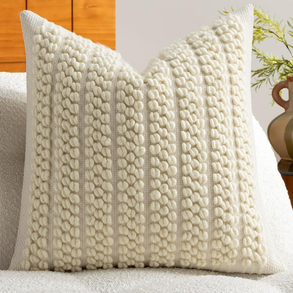 DEZENE Wool Boucle Throw Pillow Cover Premium Chic Accents Square Textured Decorative Pillow Case for Living Room Couch Sofa Home Decor 18"x18" Beige