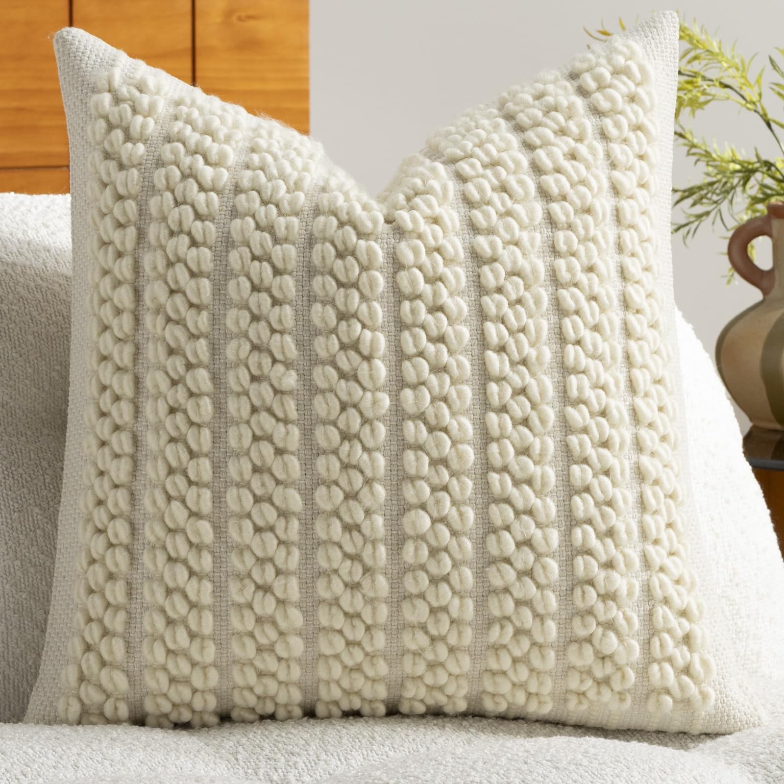 DEZENE Wool Boucle Throw Pillow Cover Premium Chic Accents Square Textured Decorative Pillow Case for Living Room Couch Sofa Home Decor 18"x18" Beige